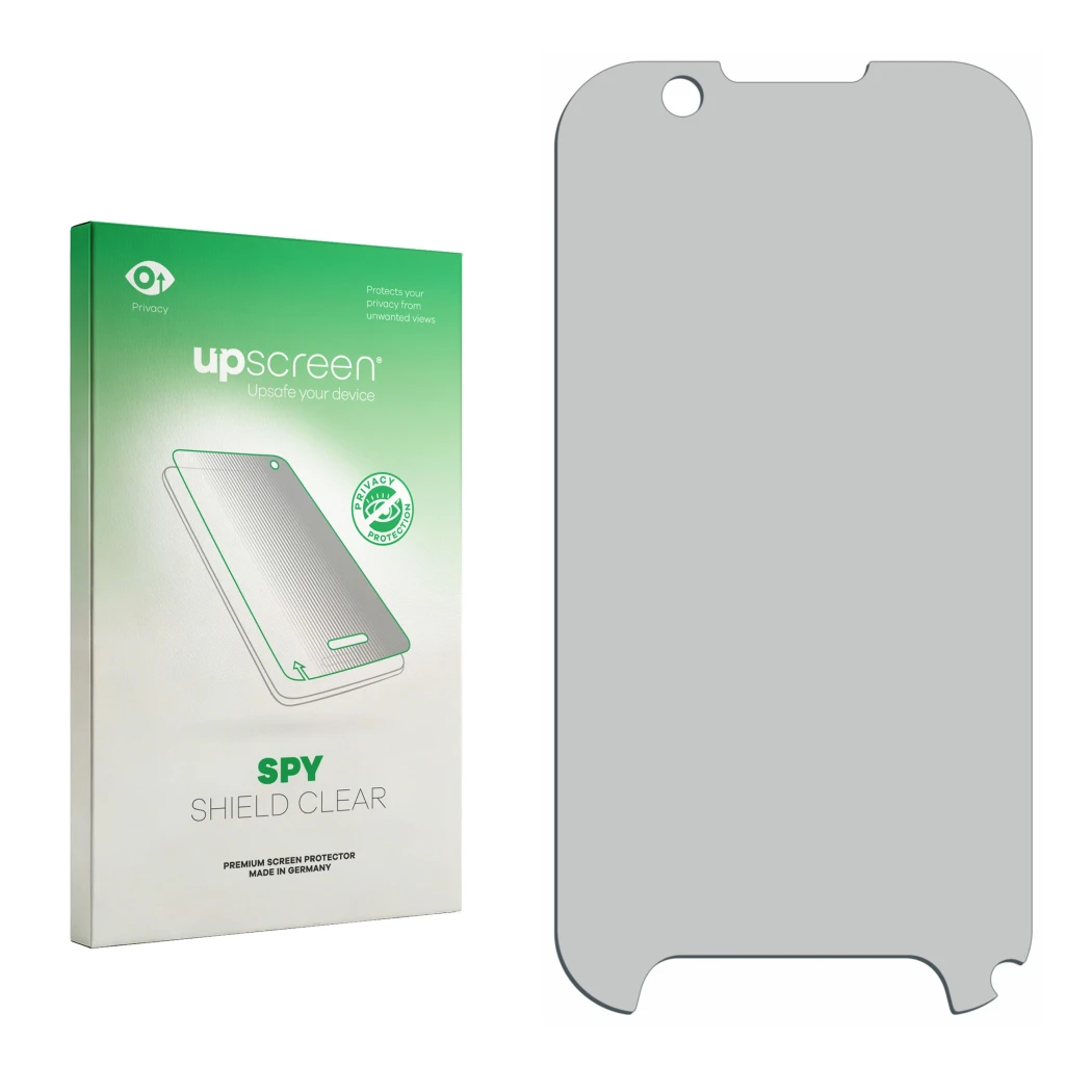 Front side of a product packaging with the brand logo upscreen. Next to it is the corresponding screen protector.