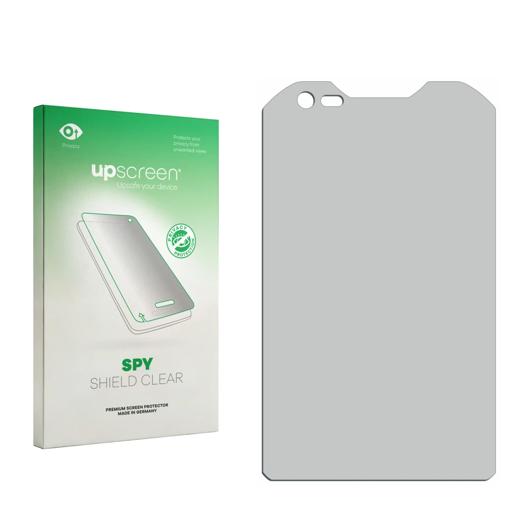 Front side of a product packaging with the brand logo upscreen. Next to it is the corresponding screen protector.