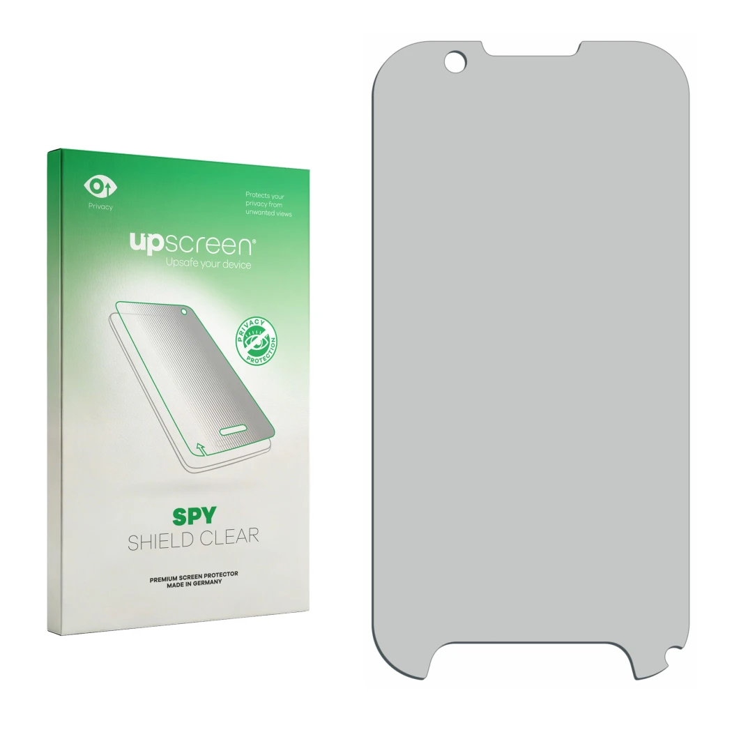 Front side of a product packaging with the brand logo upscreen. Next to it is the corresponding screen protector.