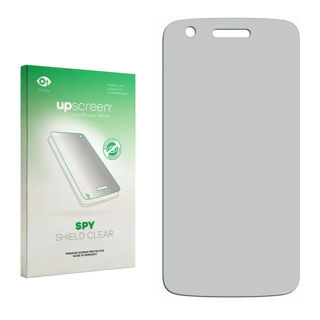 Front side of a product packaging with the brand logo upscreen. Next to it is the corresponding screen protector.