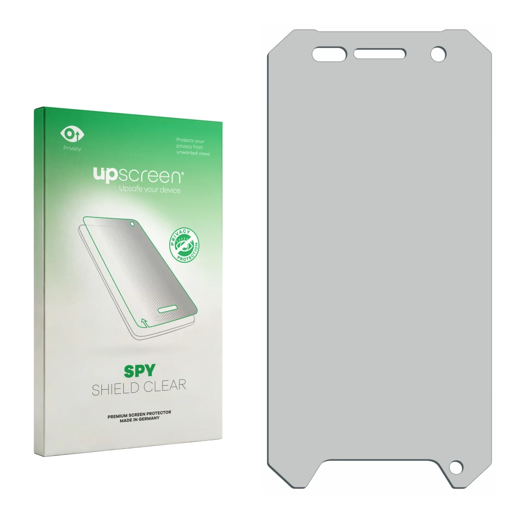 Front side of a product packaging with the brand logo upscreen. Next to it is the corresponding screen protector.