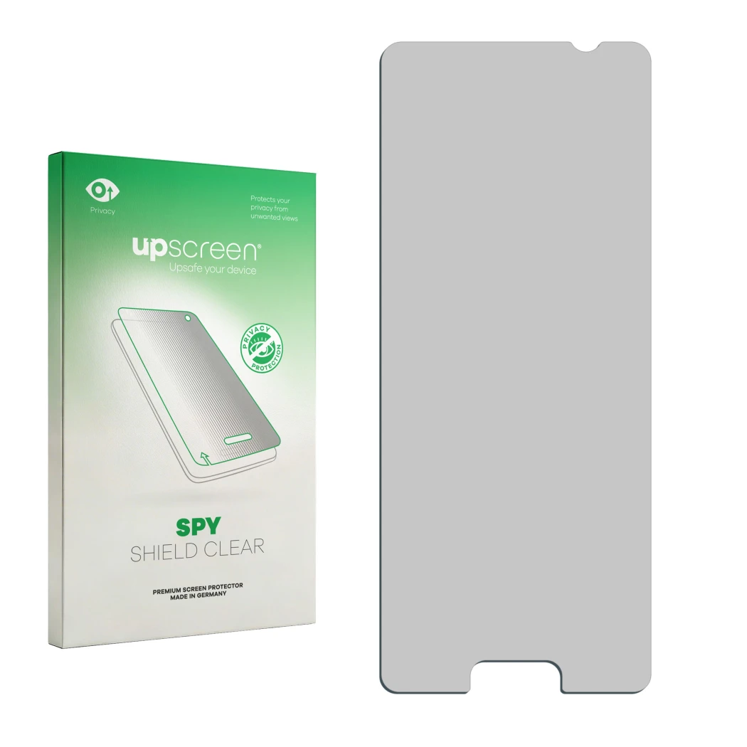 Front side of a product packaging with the brand logo upscreen. Next to it is the corresponding screen protector.