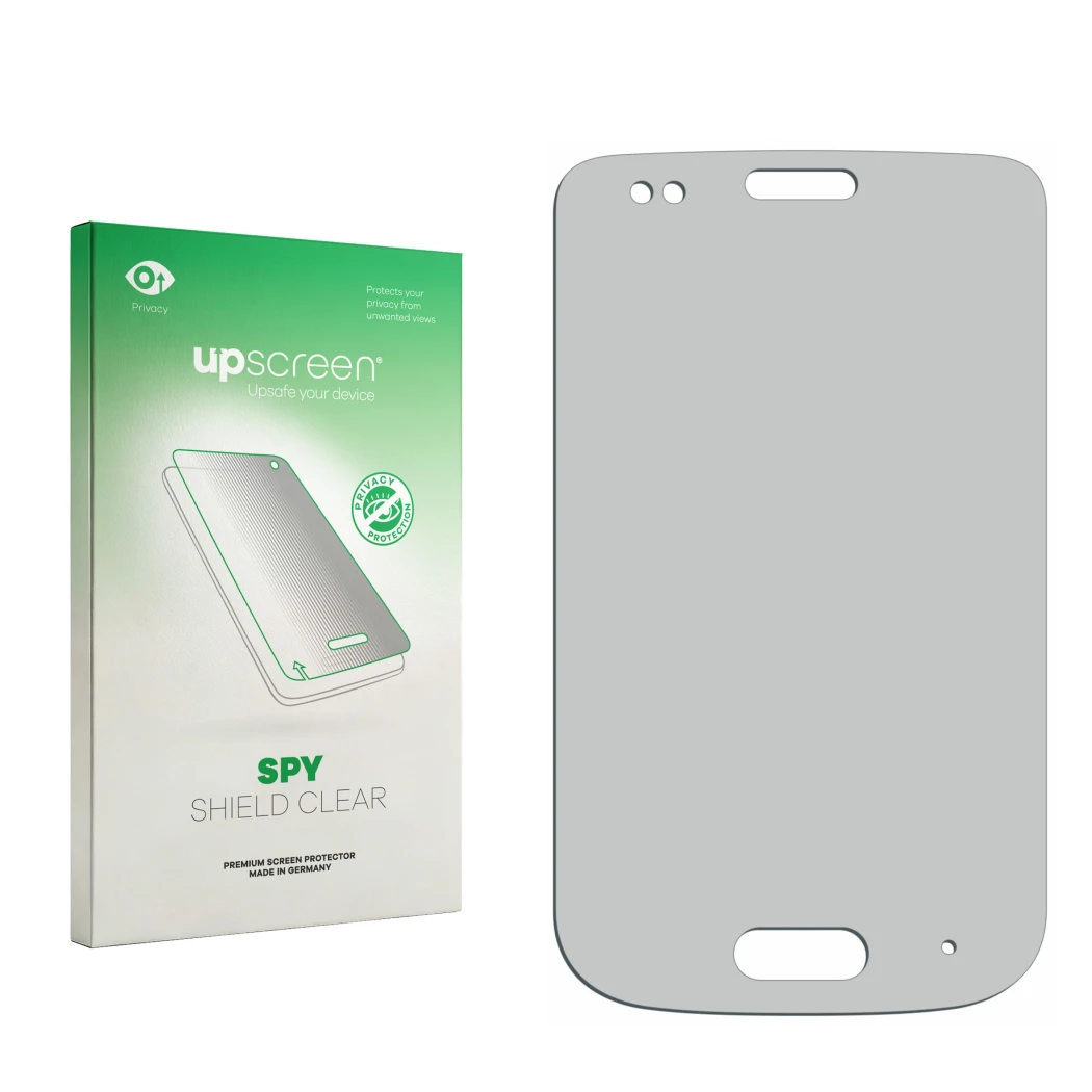 Front side of a product packaging with the brand logo upscreen. Next to it is the corresponding screen protector.