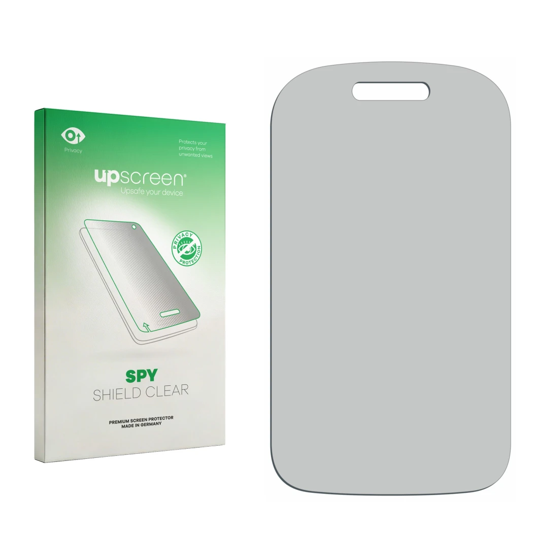 Front side of a product packaging with the brand logo upscreen. Next to it is the corresponding screen protector.