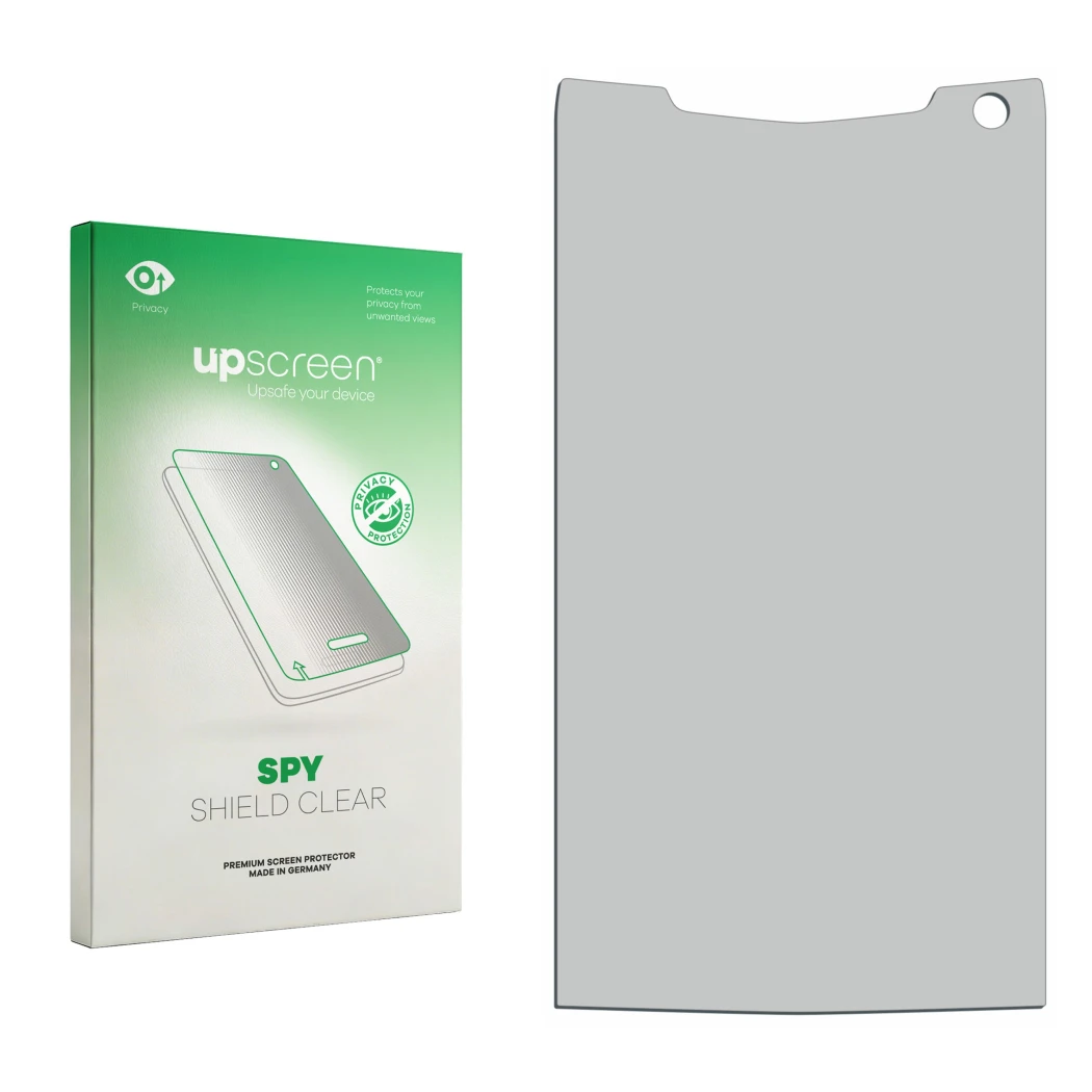 Front side of a product packaging with the brand logo upscreen. Next to it is the corresponding screen protector.