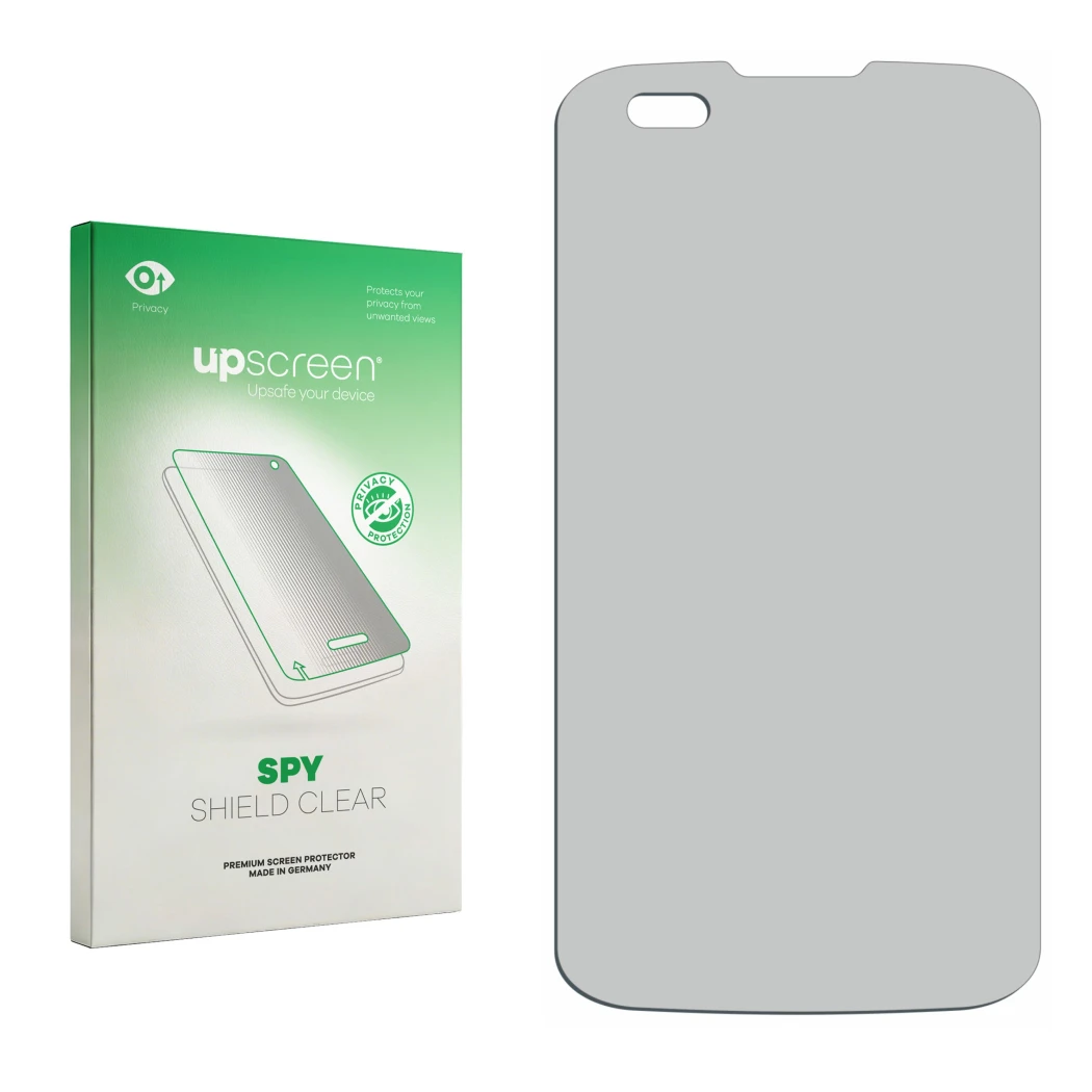 Front side of a product packaging with the brand logo upscreen. Next to it is the corresponding screen protector.