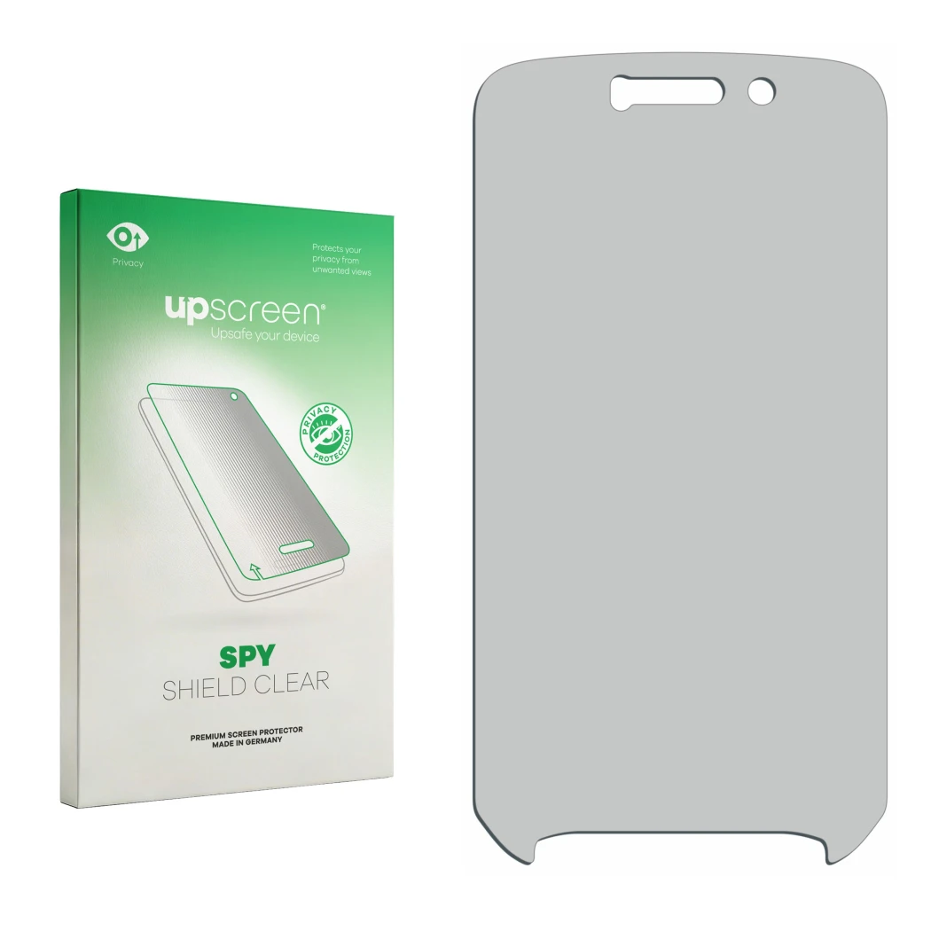 Front side of a product packaging with the brand logo upscreen. Next to it is the corresponding screen protector.