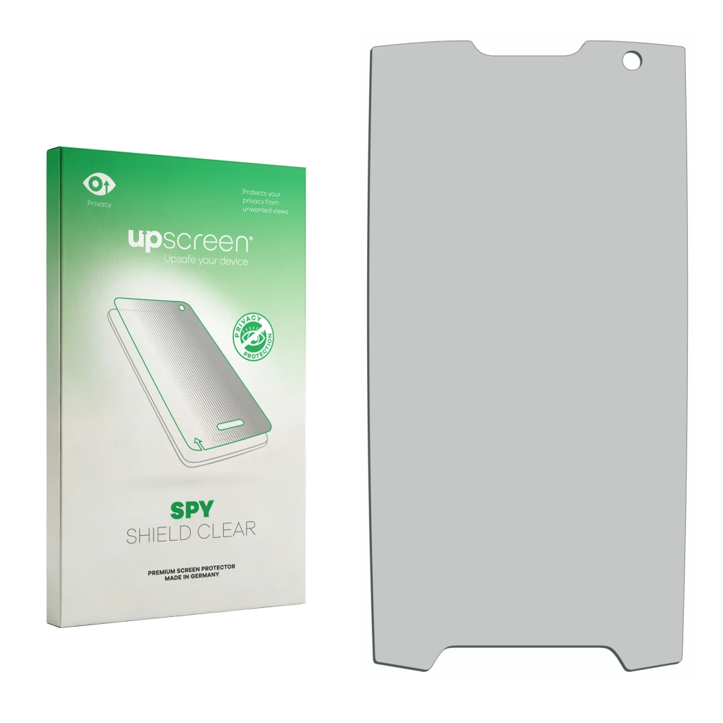 Front side of a product packaging with the brand logo upscreen. Next to it is the corresponding screen protector.