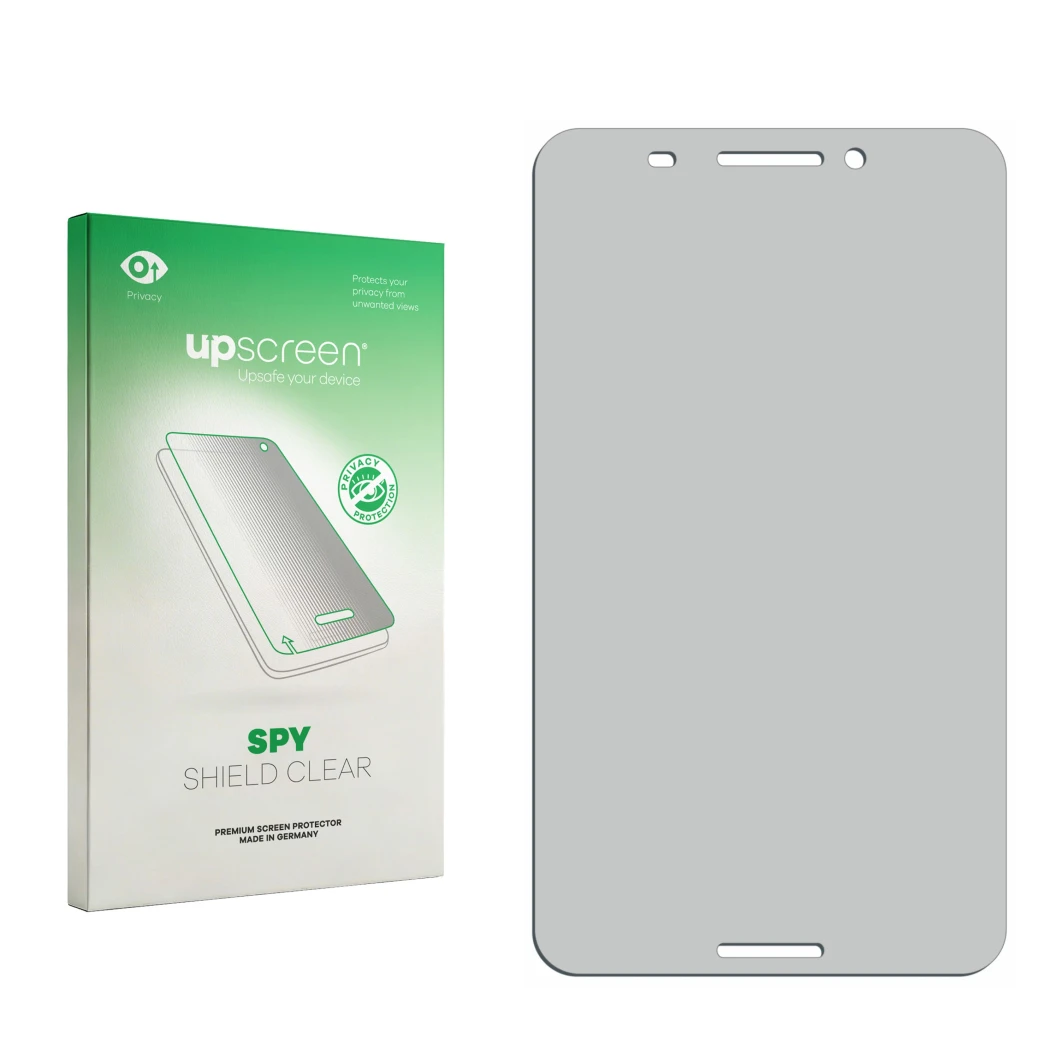 Front side of a product packaging with the brand logo upscreen. Next to it is the corresponding screen protector.
