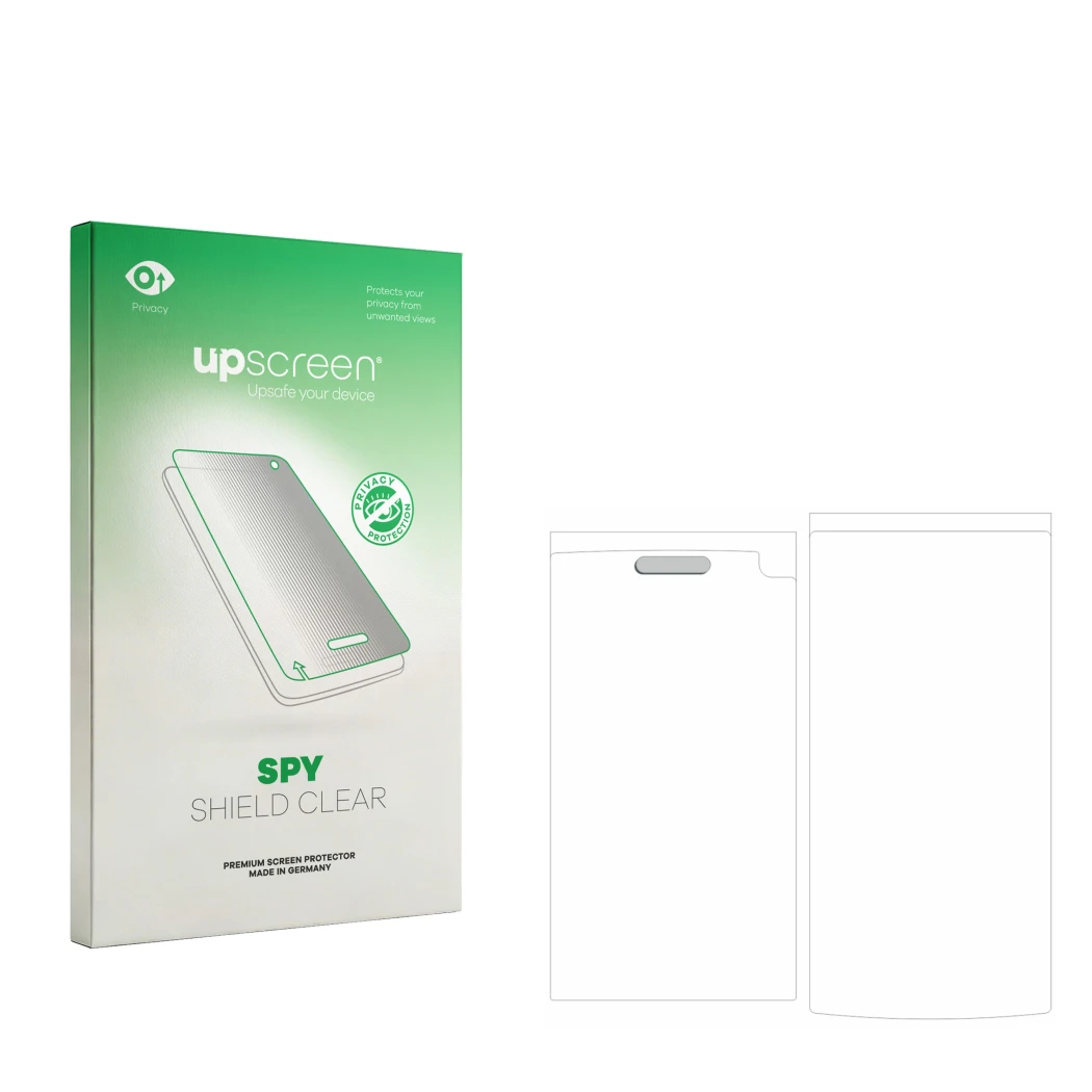 Front side of a product packaging with the brand logo upscreen. Next to it is the corresponding screen protector.