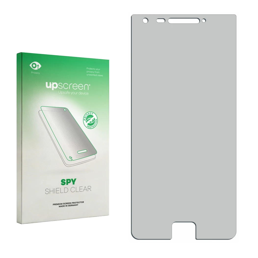 Front side of a product packaging with the brand logo upscreen. Next to it is the corresponding screen protector.