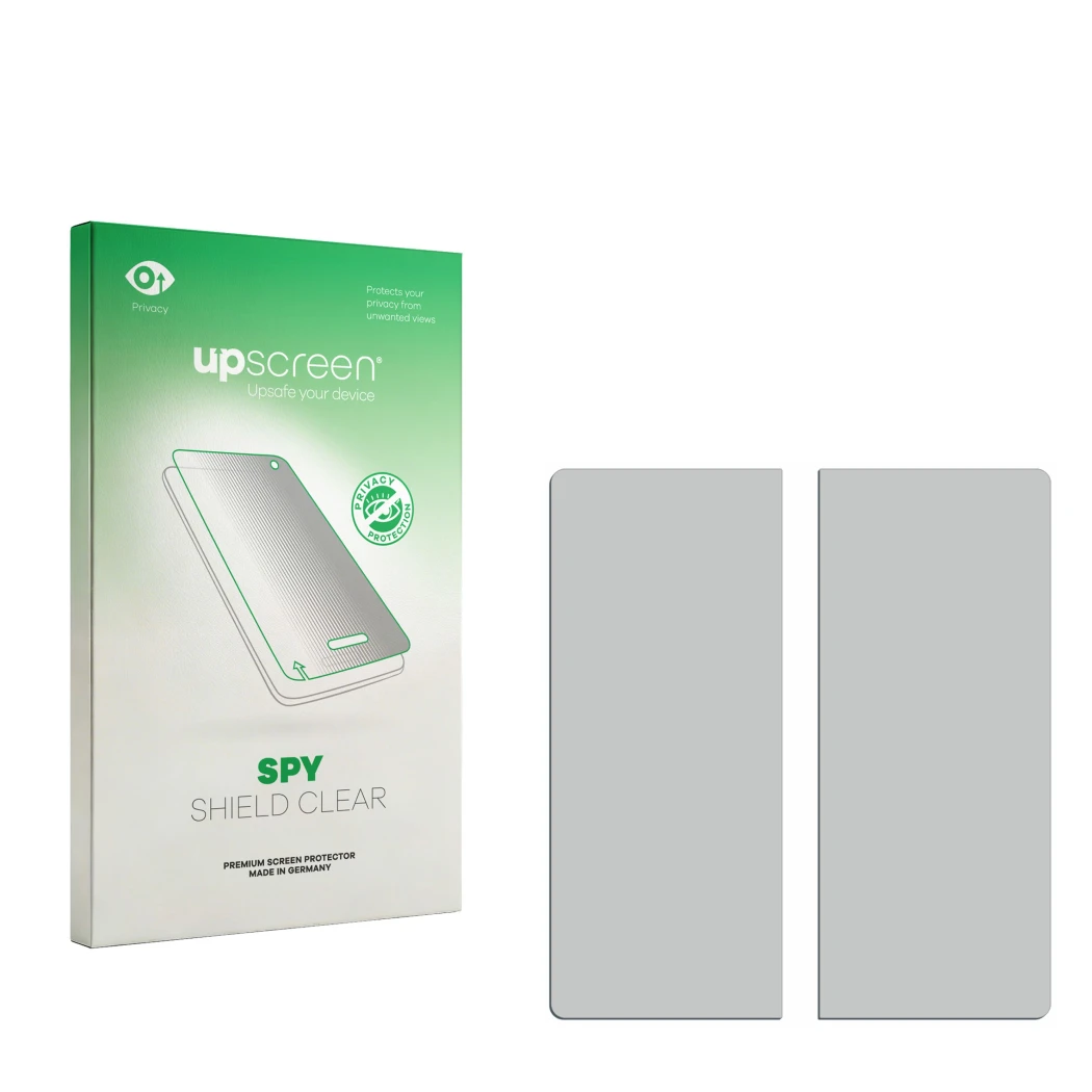 Front side of a product packaging with the brand logo upscreen. Next to it is the corresponding screen protector.
