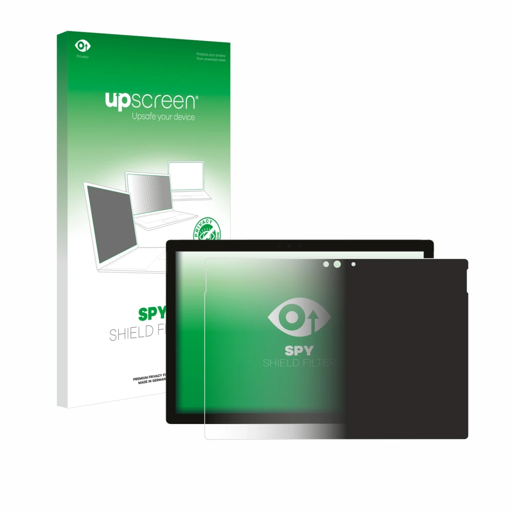 Front side of a product packaging with the brand logo upscreen. Next to it is the device Microsoft Surface Pro 5 2017 shown wi