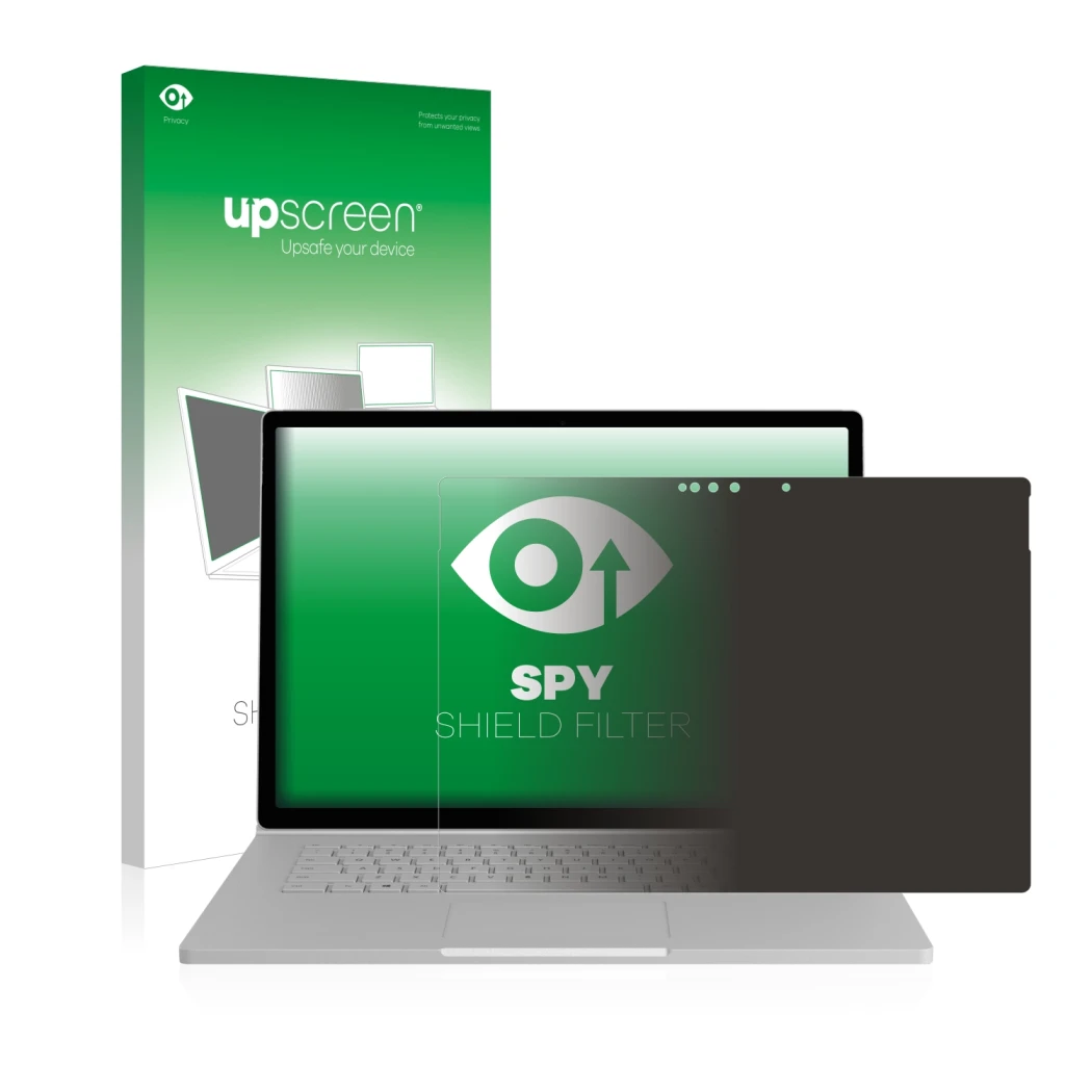 Front side of a product packaging with the brand logo upscreen. Next to it is the device Microsoft Surface Book 2 15