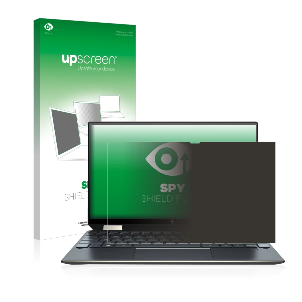 Front side of a product packaging with the brand logo upscreen. Next to it is the device HP Spectre x360 13-aw0000ns shown wit