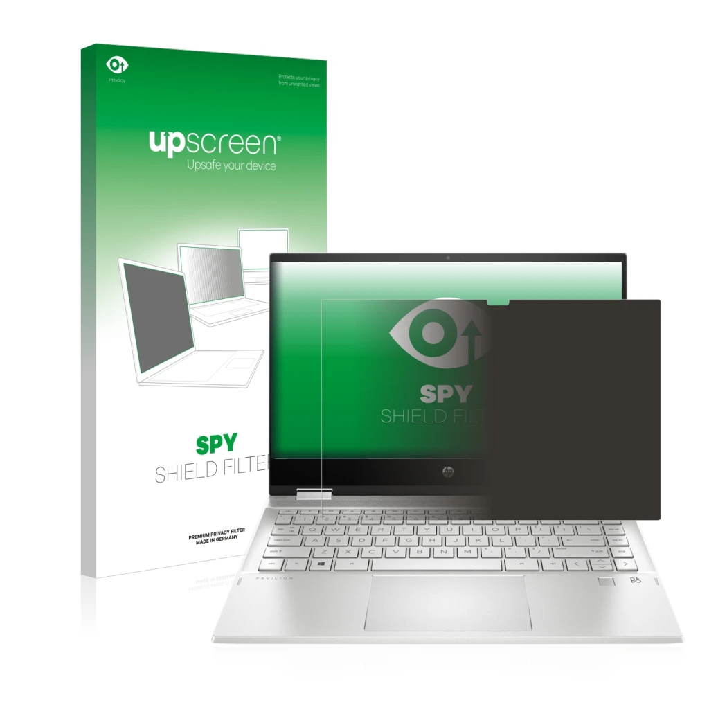 Front side of a product packaging with the brand logo upscreen. Next to it is the device HP Pavilion x360 (14-dwX) shown with