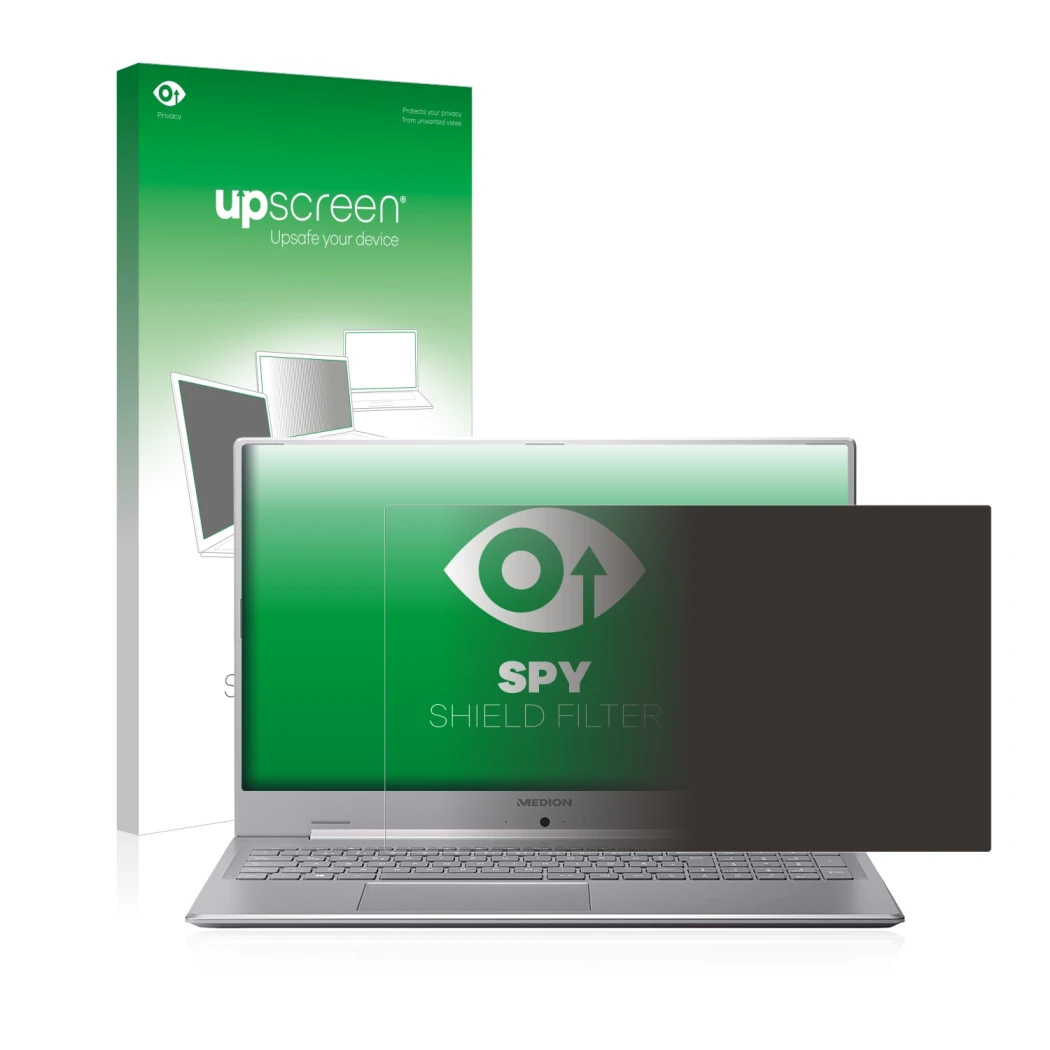 Front side of a product packaging with the brand logo upscreen. Next to it is the device MEDION Akoya S17403 shown with the co