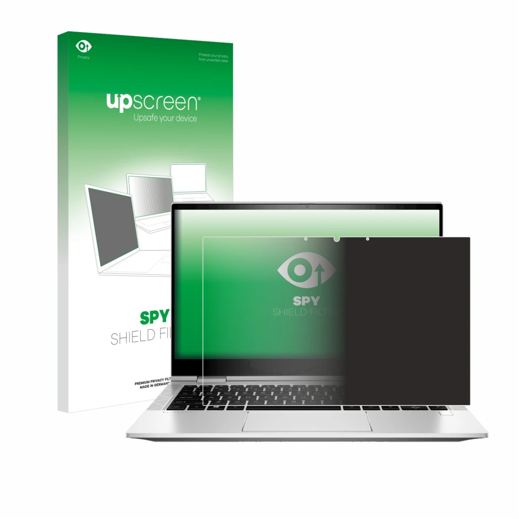 Front side of a product packaging with the brand logo upscreen. Next to it is the device HP EliteBook x360 830 G8 shown with t
