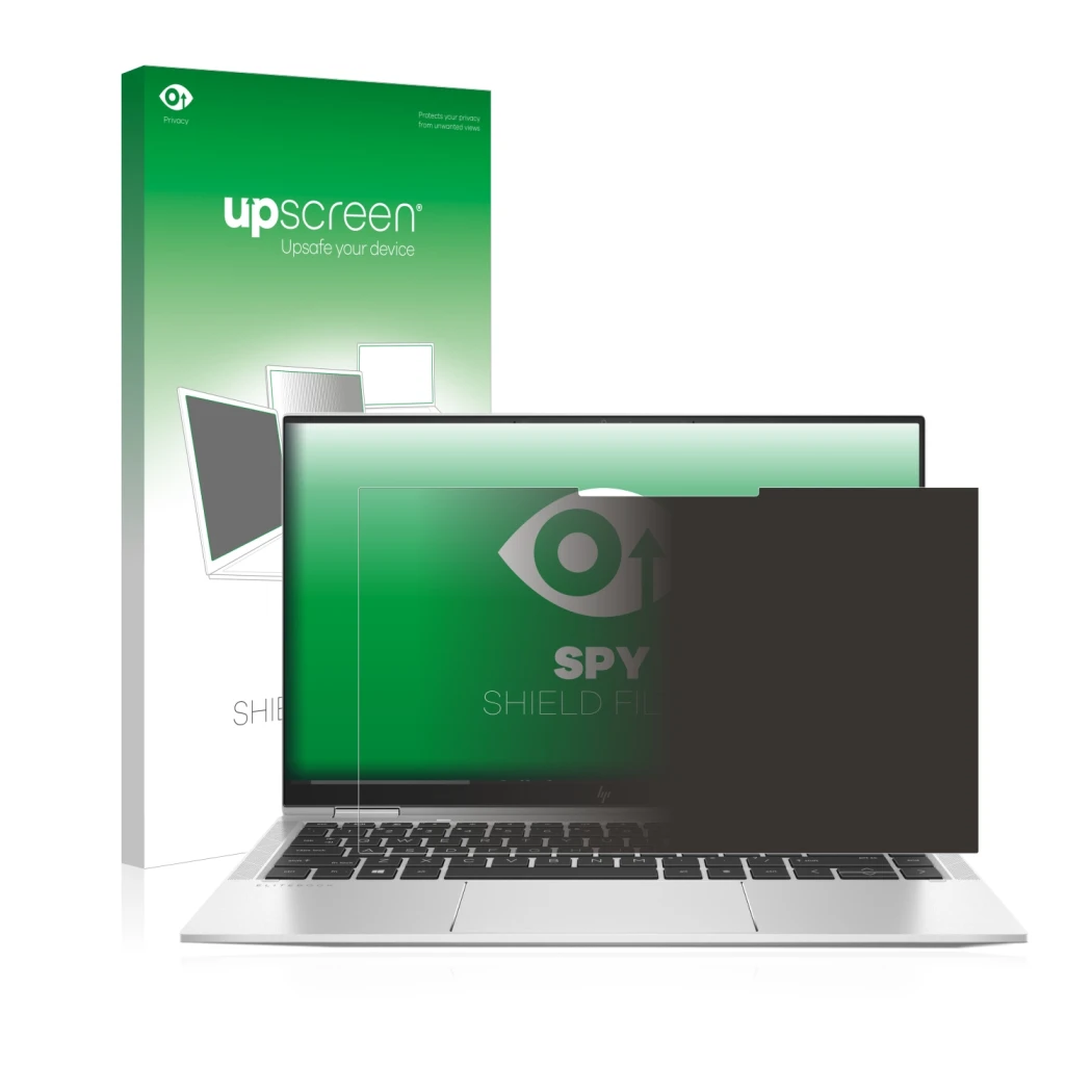 Front side of a product packaging with the brand logo upscreen. Next to it is the device HP Elitebook x360 1040 G7 shown with 