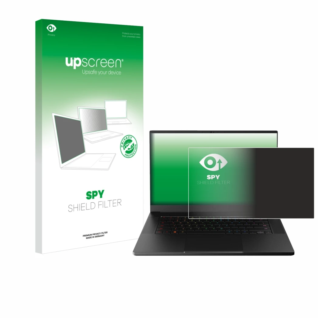 Front side of a product packaging with the brand logo upscreen. Next to it is the device Razer Blade 15 Advanced 2021 shown wi