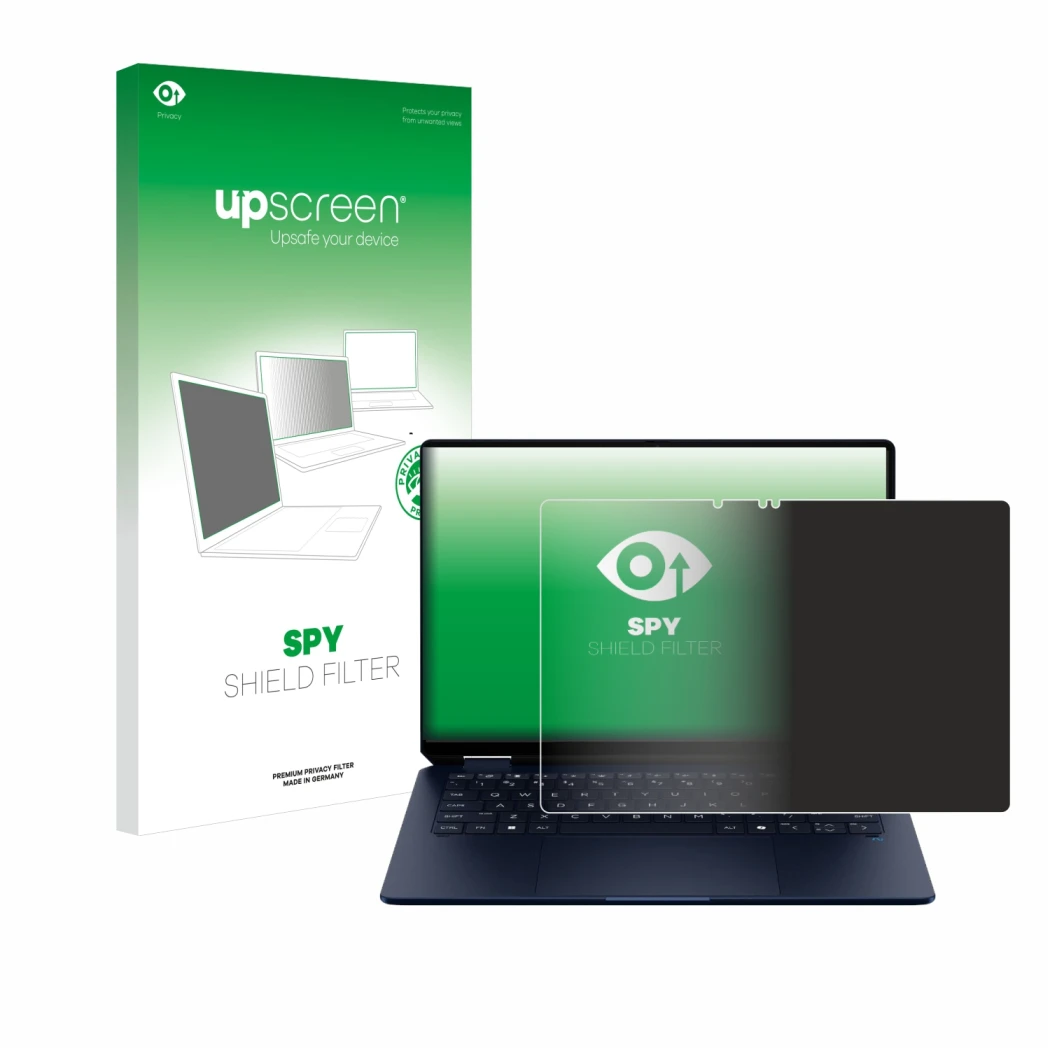 Front side of a product packaging with the brand logo upscreen. Next to it is the device HP OmniBook Ultra Flip 14-fh shown wi