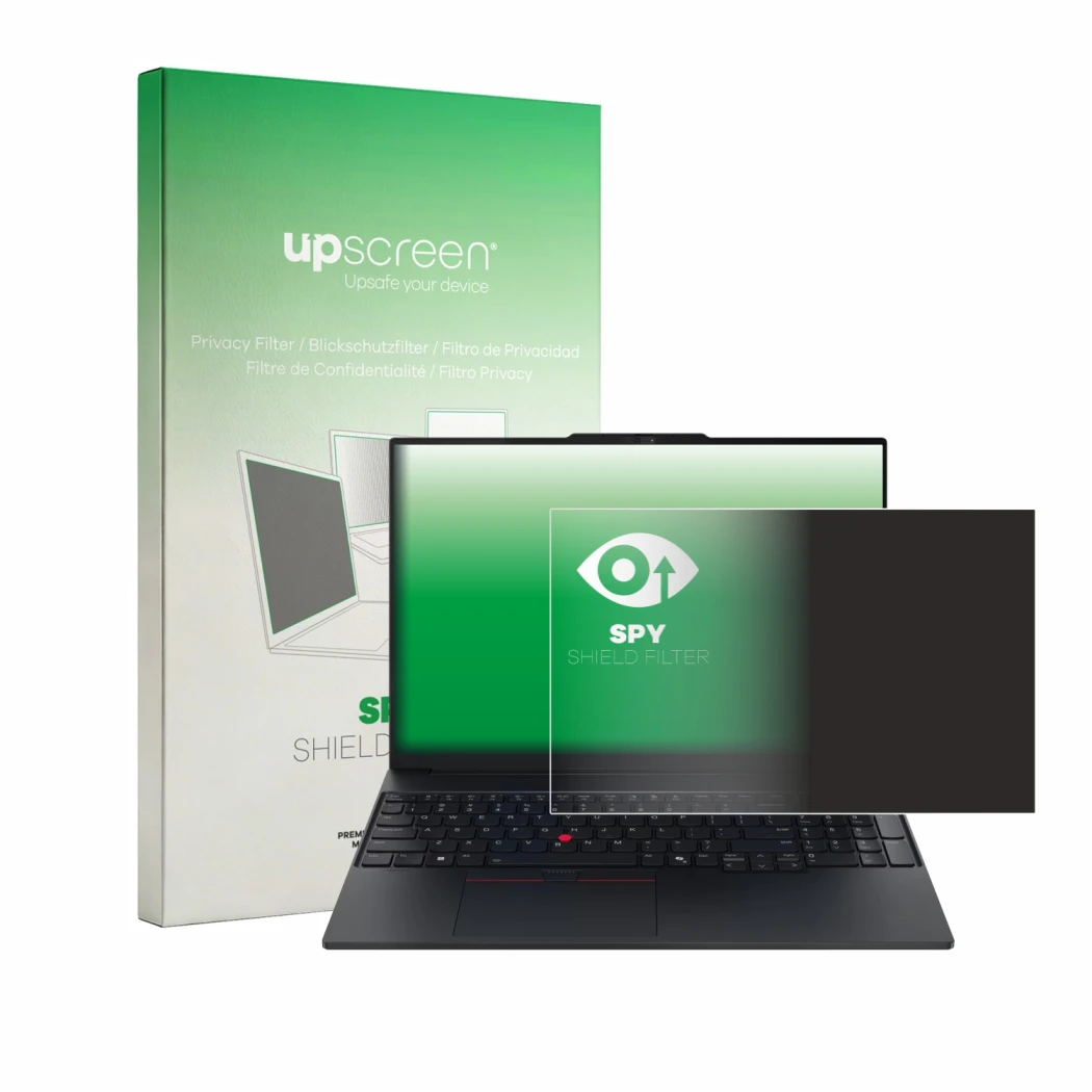 Front side of a product packaging with the brand logo upscreen. Next to it is the device Lenovo ThinkPad E16 Gen 4 shown with 