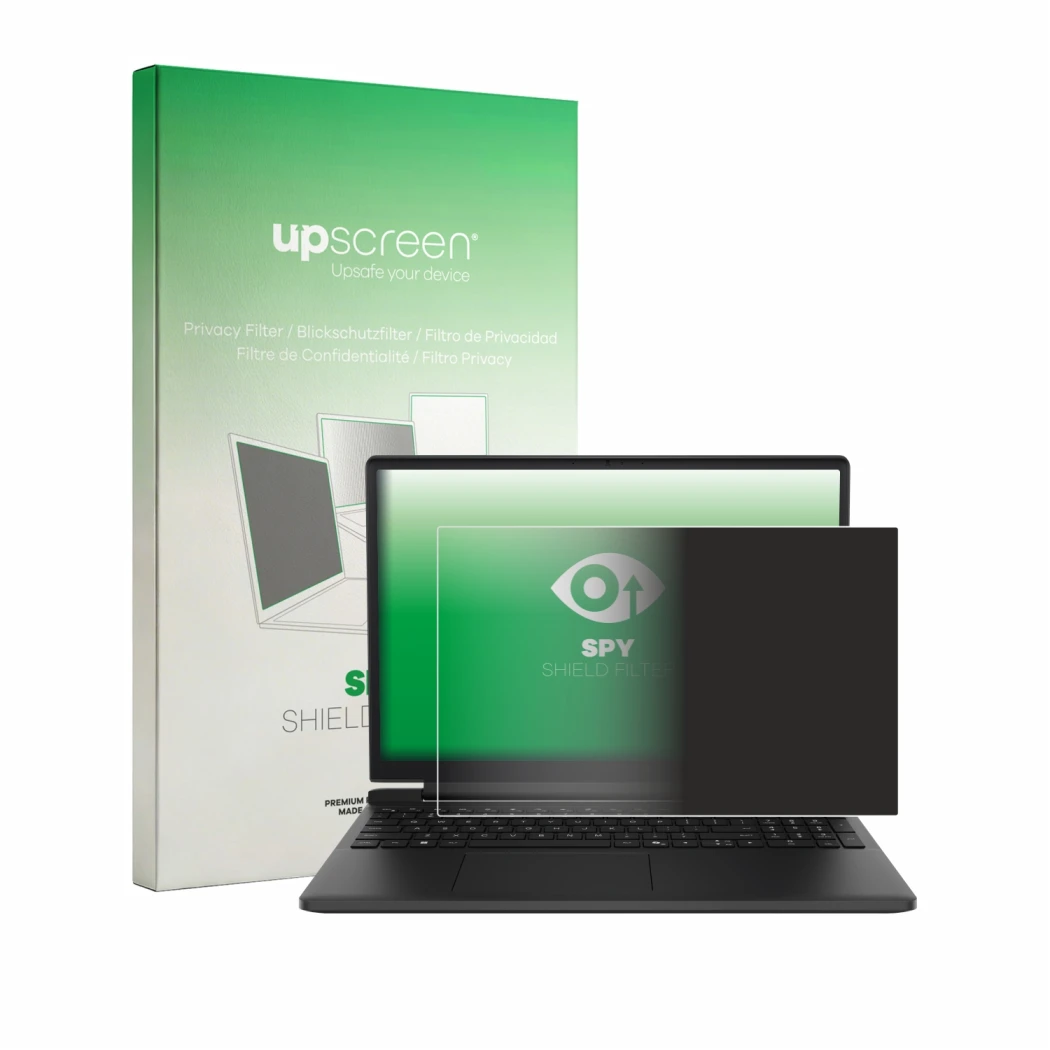 Front side of a product packaging with the brand logo upscreen. Next to it is the device Dell 15 DA15265 shown with the corres
