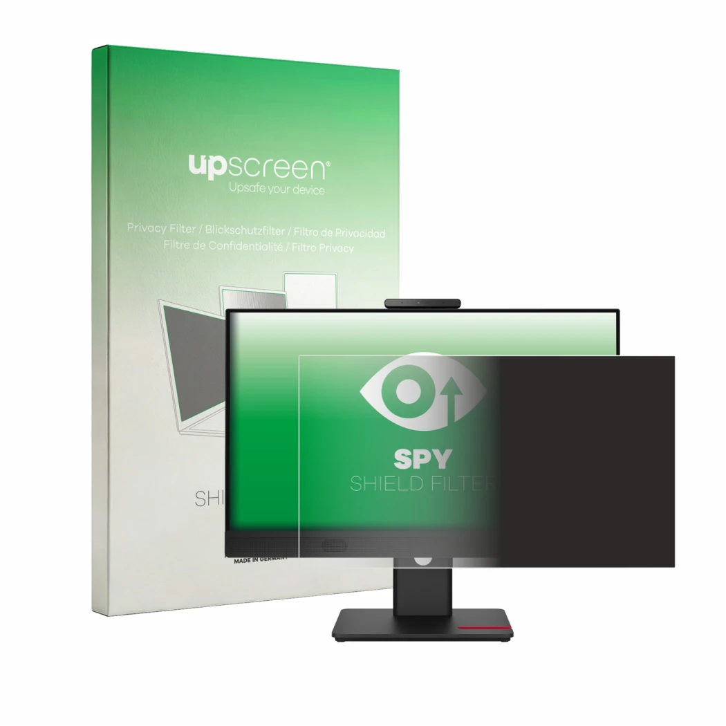 Front side of a product packaging with the brand logo upscreen. Next to it is the device Lenovo ThinkCentre TIO27 Gen 6 shown 