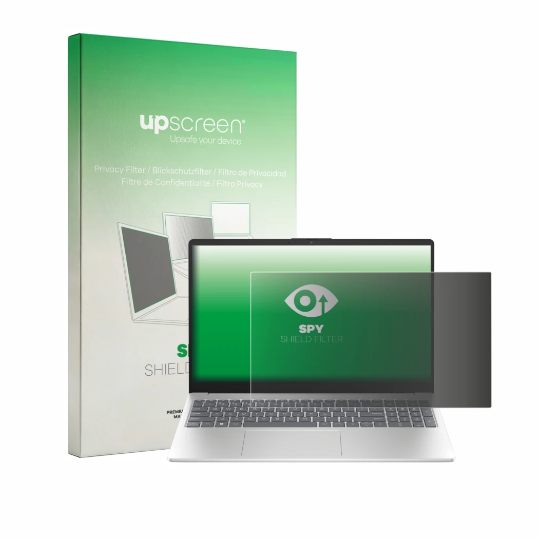 Front side of a product packaging with the brand logo upscreen. Next to it is the device HP 15-fd1731ngx shown with the corres