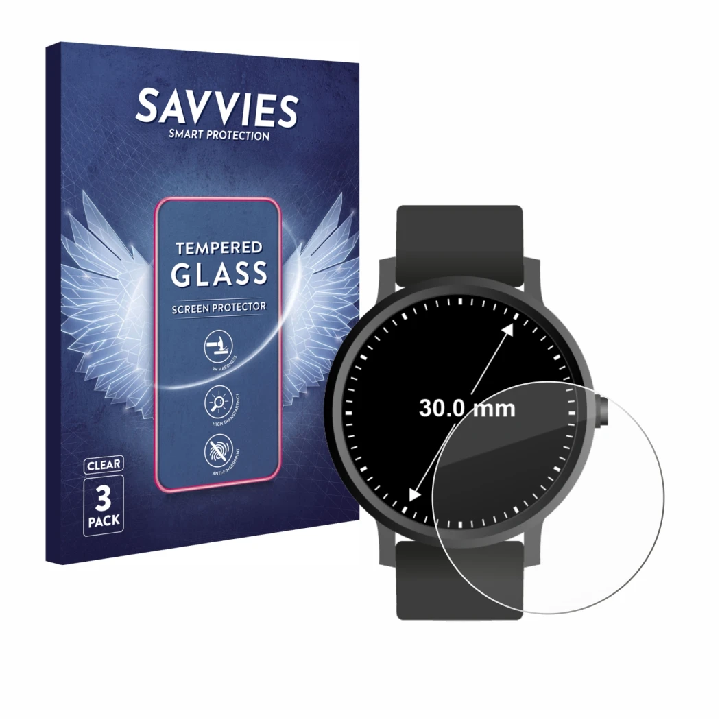 Front side of a product packaging with the brand logo Savvies. Next to it is the device Watches (Circular, ø: 30 mm) shown wit