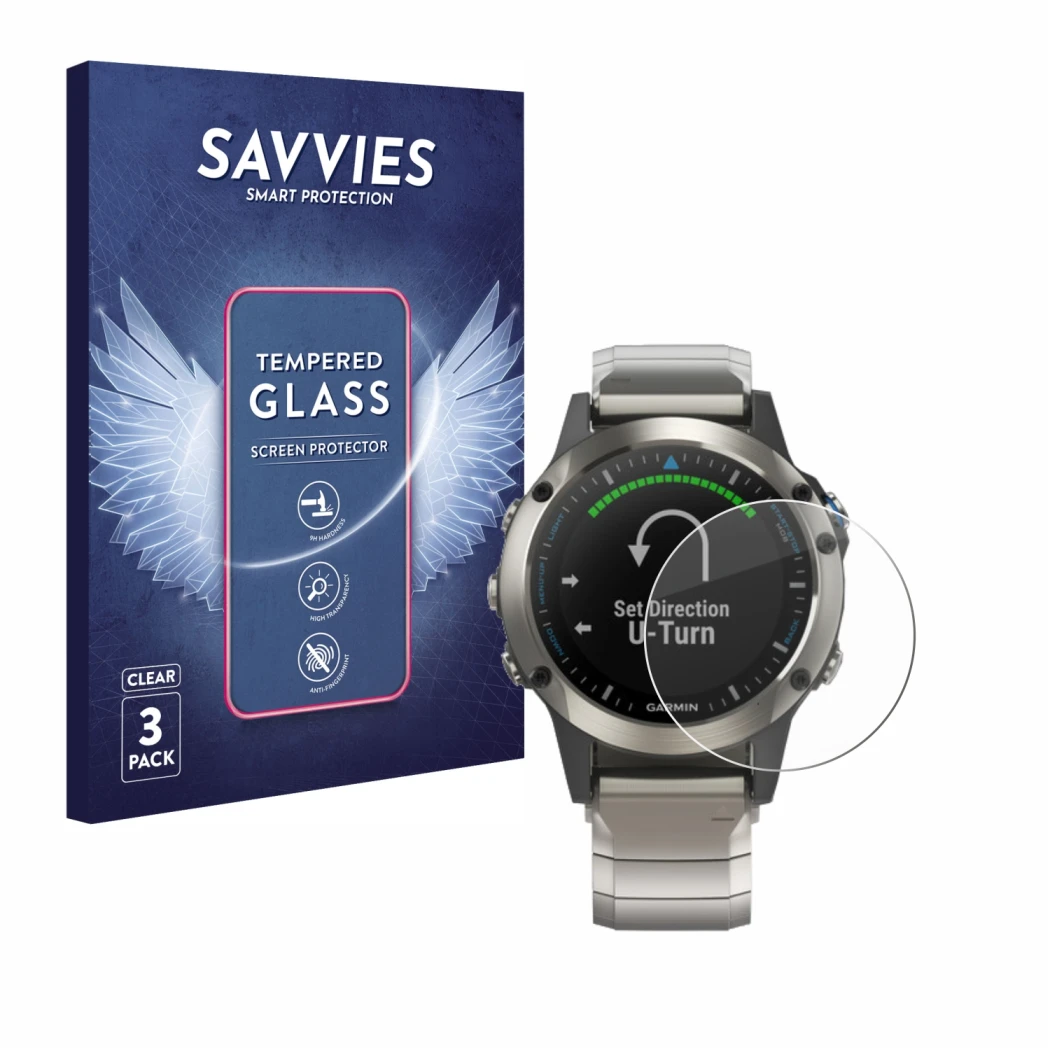 Front side of a product packaging with the brand logo Savvies. Next to it is the device Garmin quatix 5 shown with the corresp