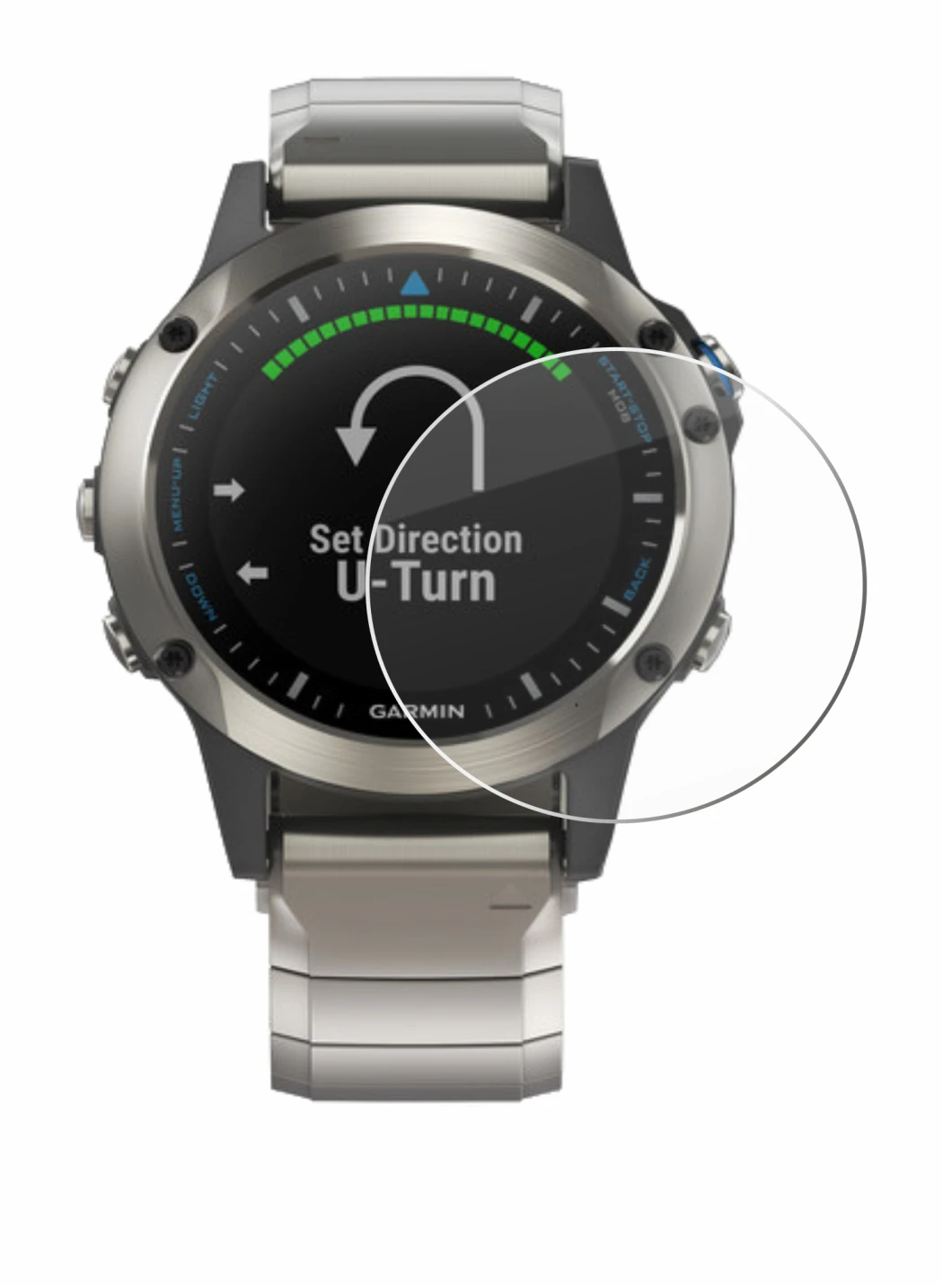Image of the device Garmin quatix 5 with a wide variety of screen protectors.