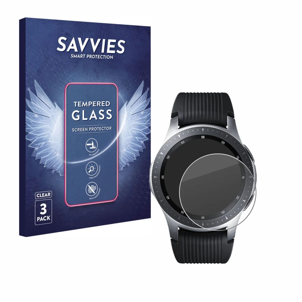 Front side of a product packaging with the brand logo Savvies. Next to it is the device Samsung Galaxy Watch (46 mm) shown wit