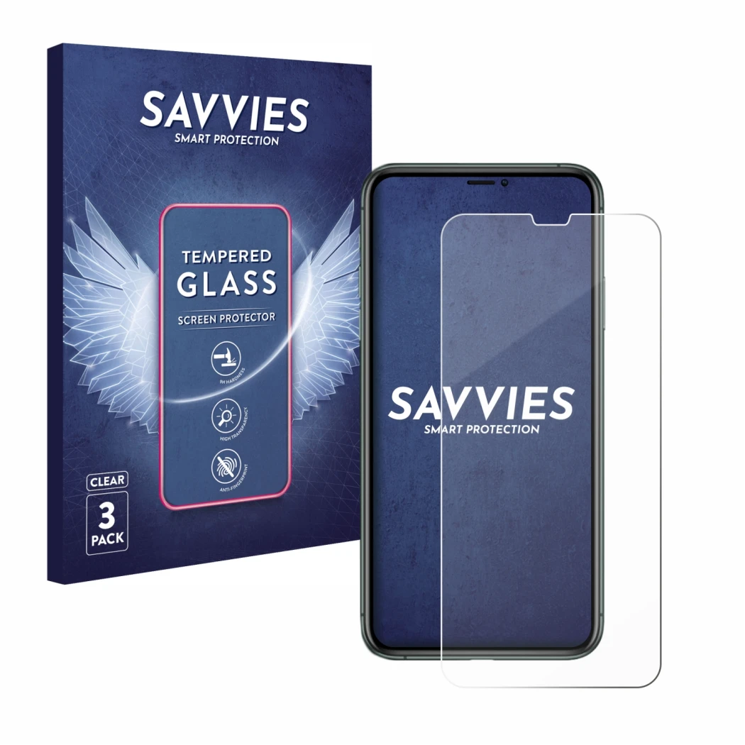 Front side of a product packaging with the brand logo Savvies. Next to it is the device Apple iPhone 11 Pro Max shown with the