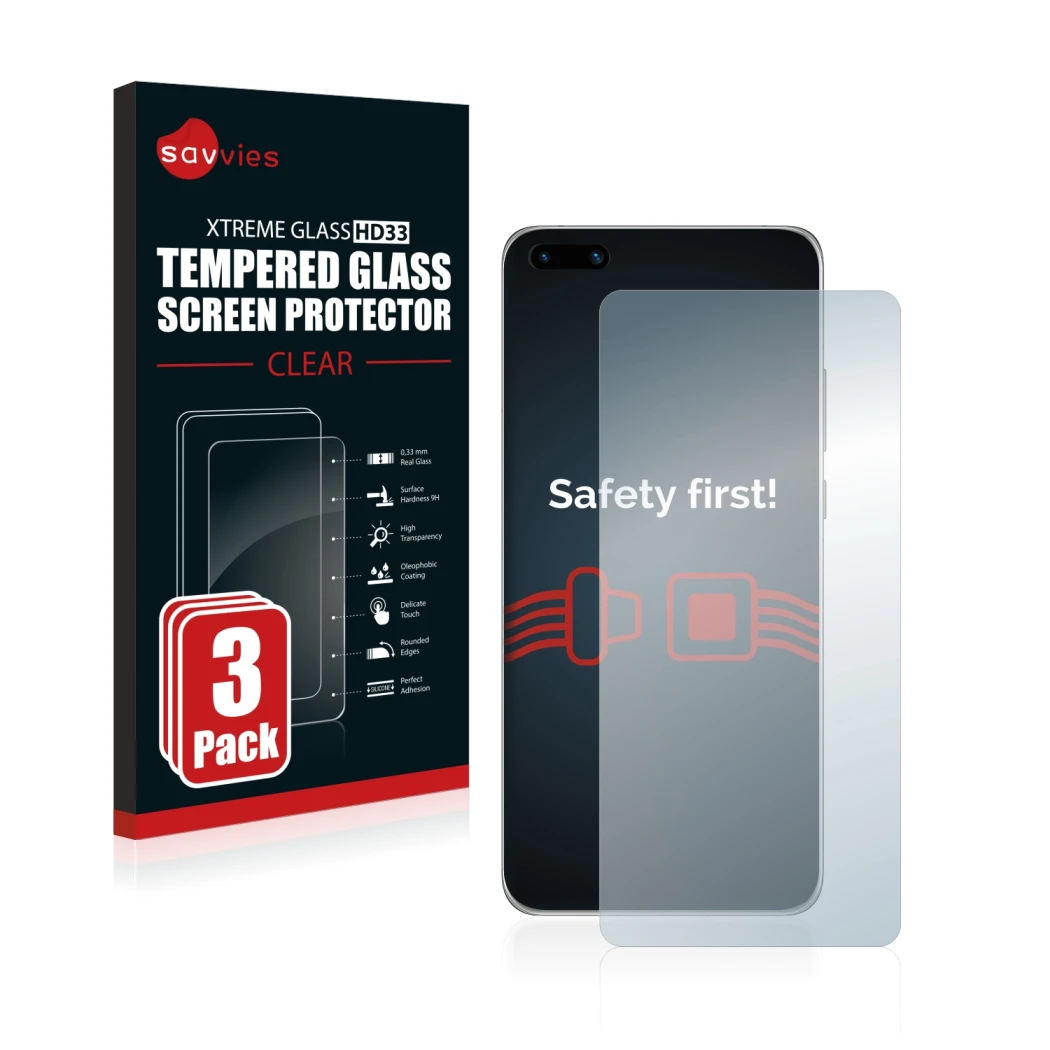 Front side of a product packaging with the brand logo Savvies. Next to it is the device Huawei P40 shown with the correspondin