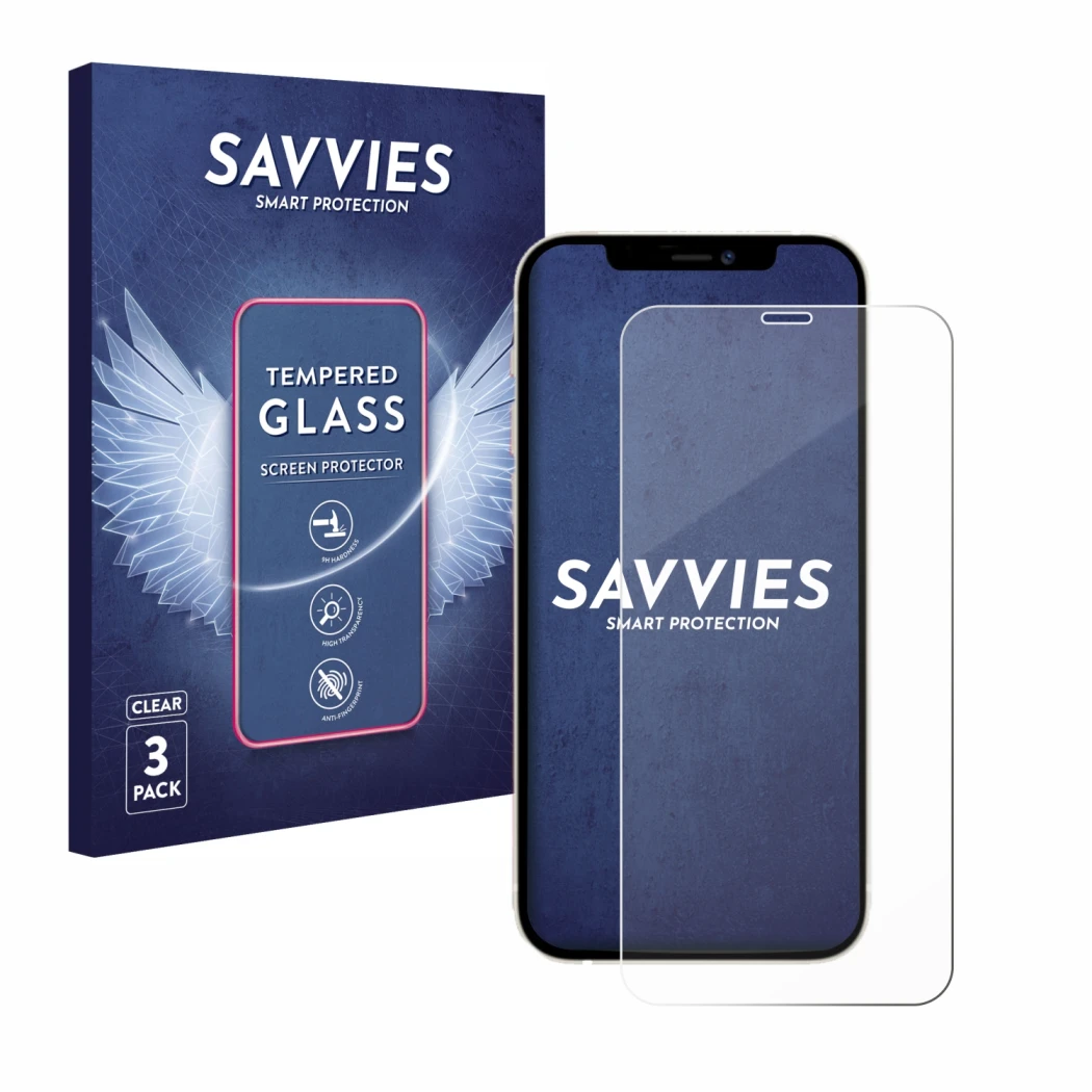 Front side of a product packaging with the brand logo Savvies. Next to it is the device Apple iPhone 12 Pro shown with the cor