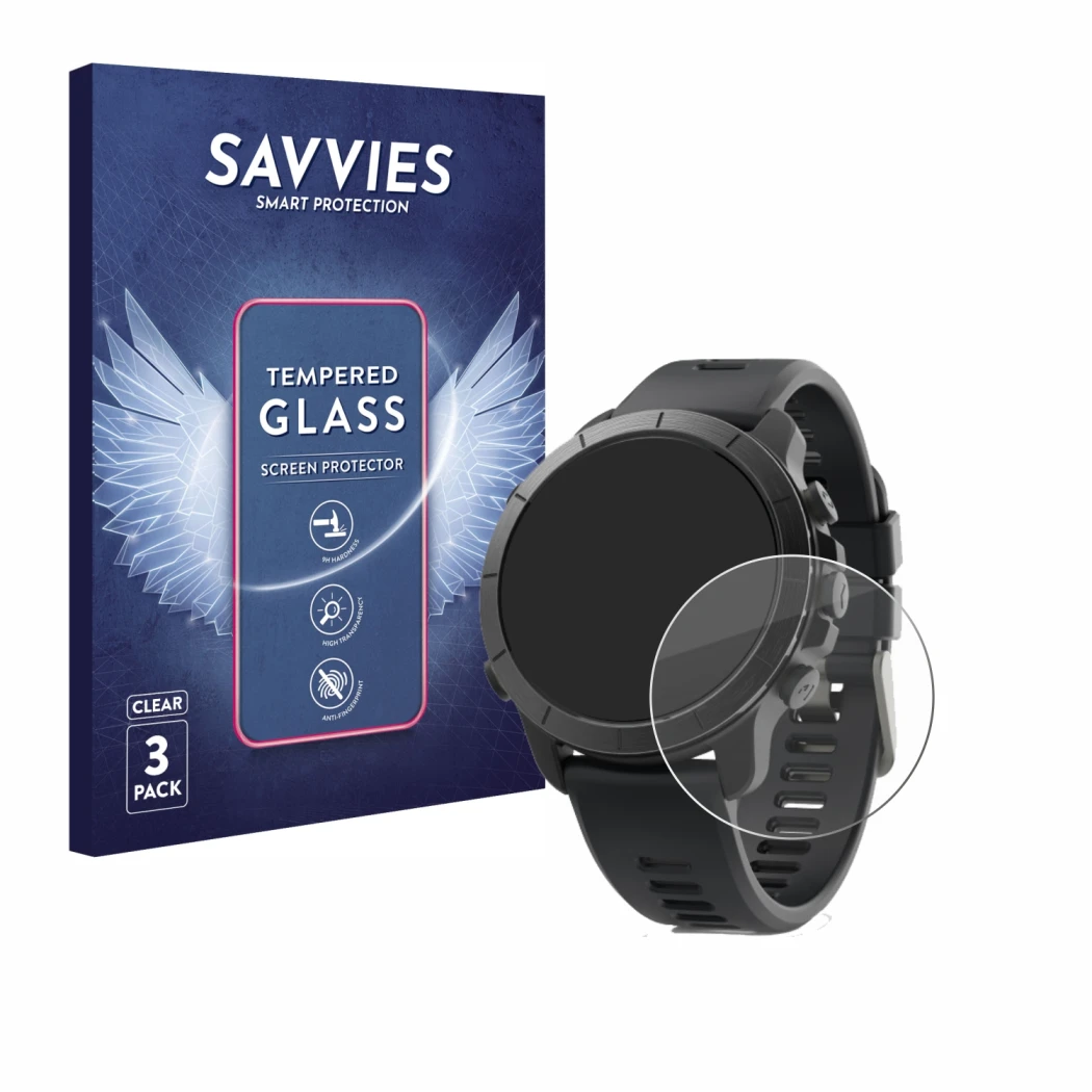 Front side of a product packaging with the brand logo Savvies. Next to it is the device Wahoo Elemnt Rival shown with the corr