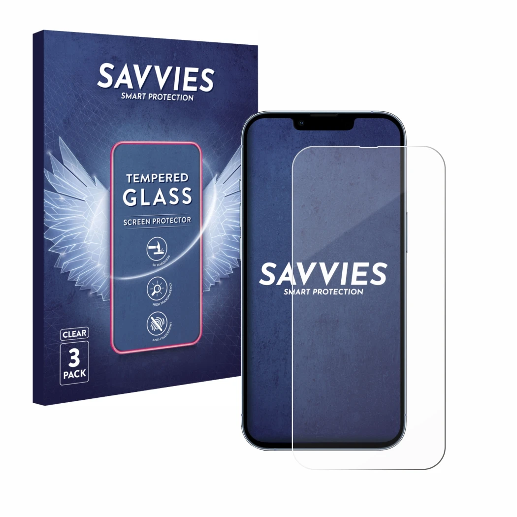 Front side of a product packaging with the brand logo Savvies. Next to it is the device Apple iPhone 13 Pro shown with the cor