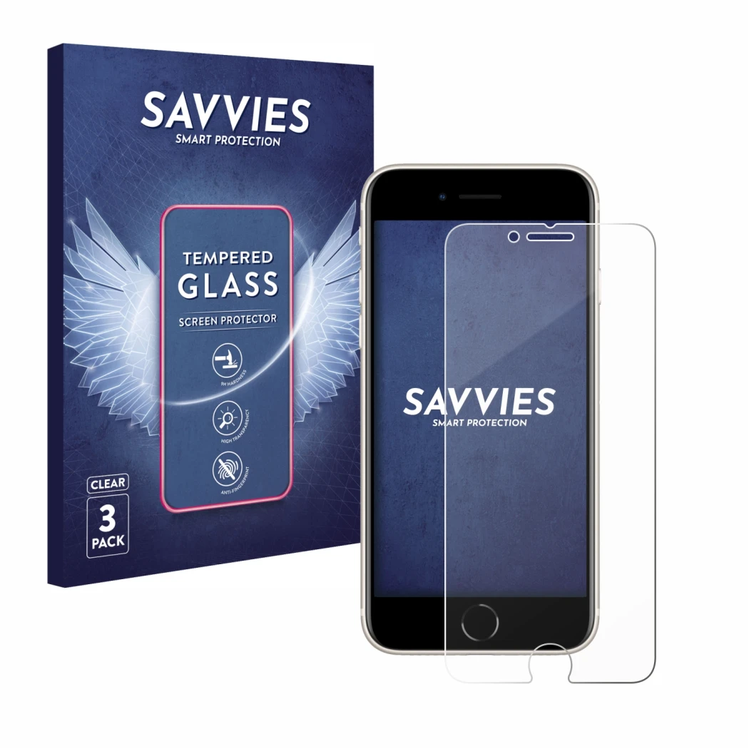 Front side of a product packaging with the brand logo Savvies. Next to it is the device Apple iPhone SE 3 2022 shown with the 