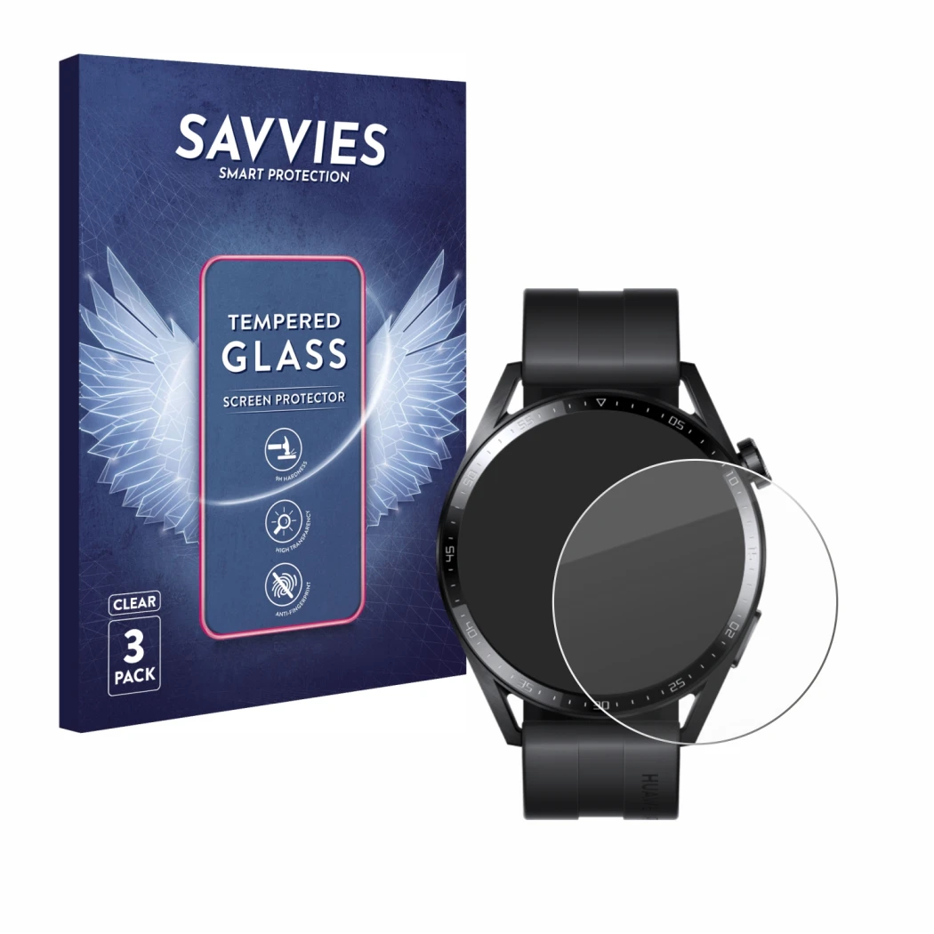 Front side of a product packaging with the brand logo Savvies. Next to it is the device Huawei Watch GT 3 (46 mm) shown with t