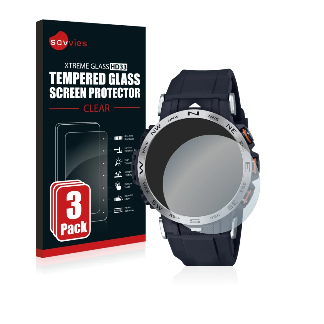 Front side of a product packaging with the brand logo Savvies. Next to it is the device Casio Pro Trek PRW-30-1AER shown with 