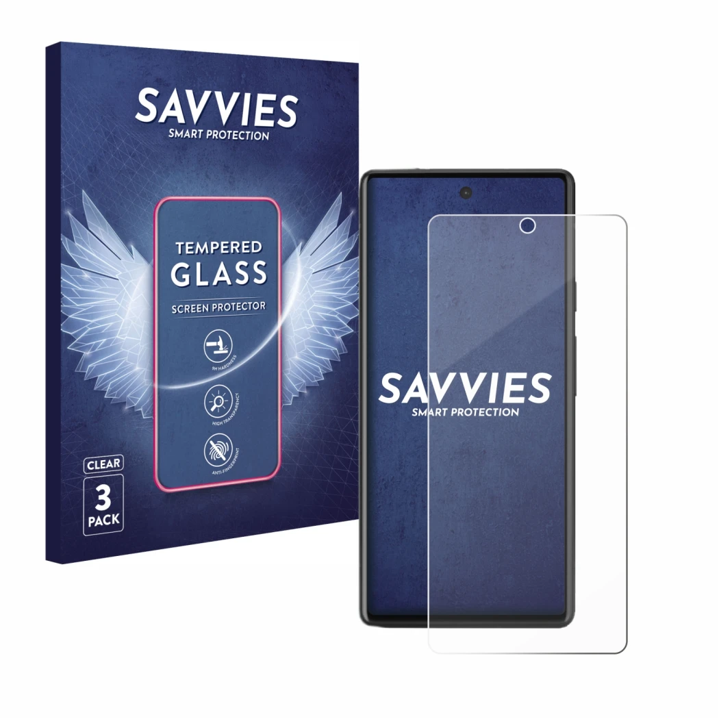 Front side of a product packaging with the brand logo Savvies. Next to it is the device Google Pixel 6a shown with the corresp