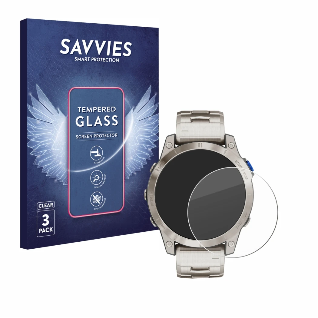 Front side of a product packaging with the brand logo Savvies. Next to it is the device Garmin D2 Mach 1 shown with the corres