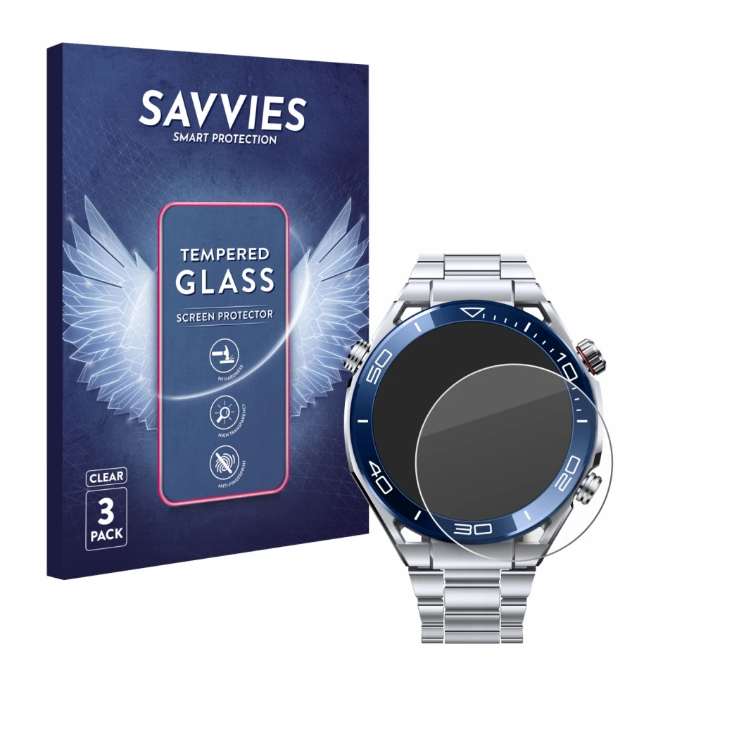 Front side of a product packaging with the brand logo Savvies. Next to it is the device Huawei Watch Ultimate (48.5 mm) shown 