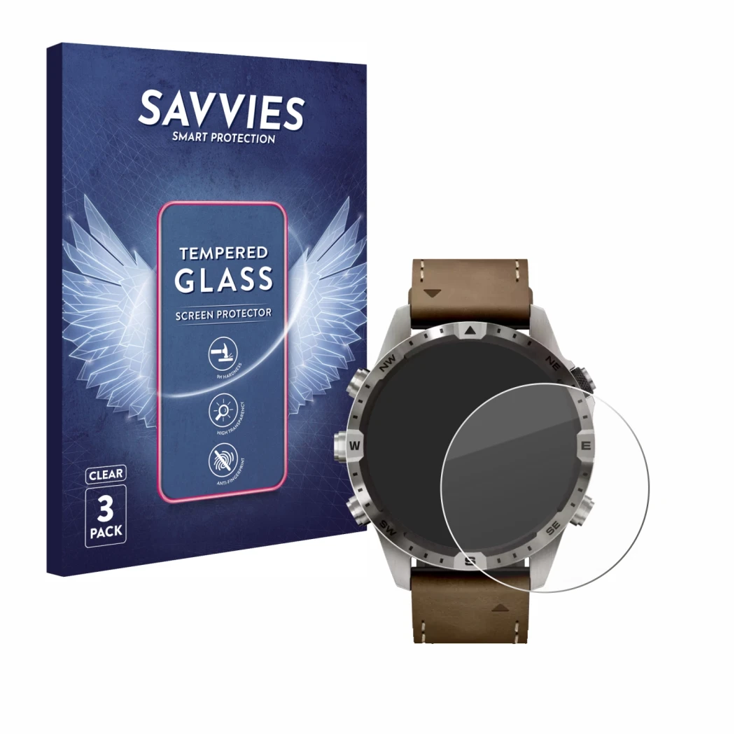 Front side of a product packaging with the brand logo Savvies. Next to it is the device Garmin Marq Adventurer (Gen 2) shown w