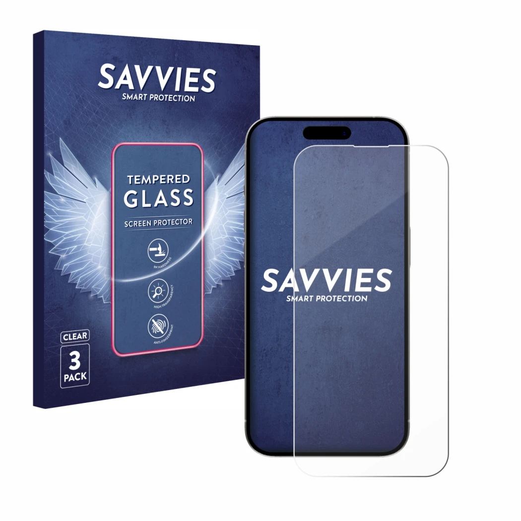 Front side of a product packaging with the brand logo Savvies. Next to it is the device Apple iPhone 15 shown with the corresp