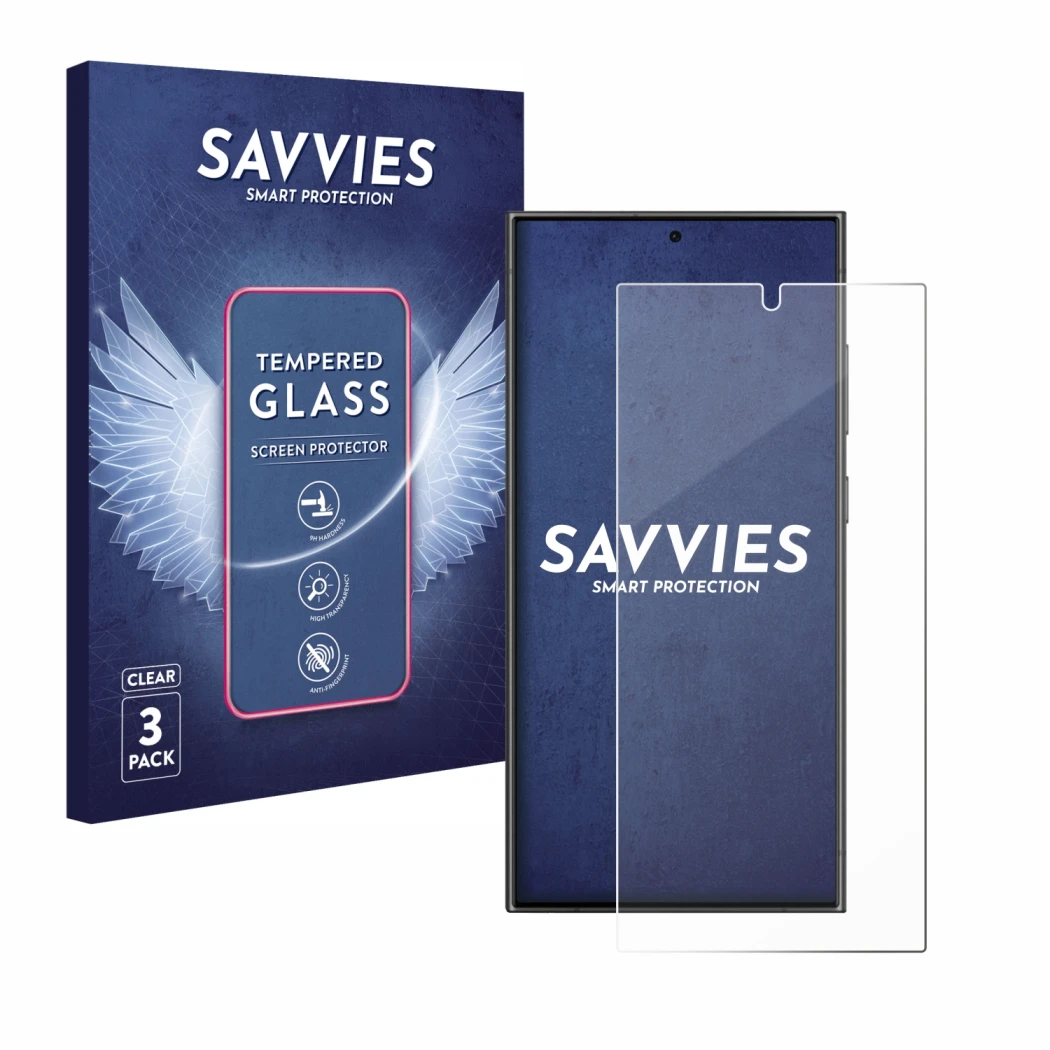 Front side of a product packaging with the brand logo Savvies. Next to it is the device Samsung Galaxy S24 Ultra (case-friendl