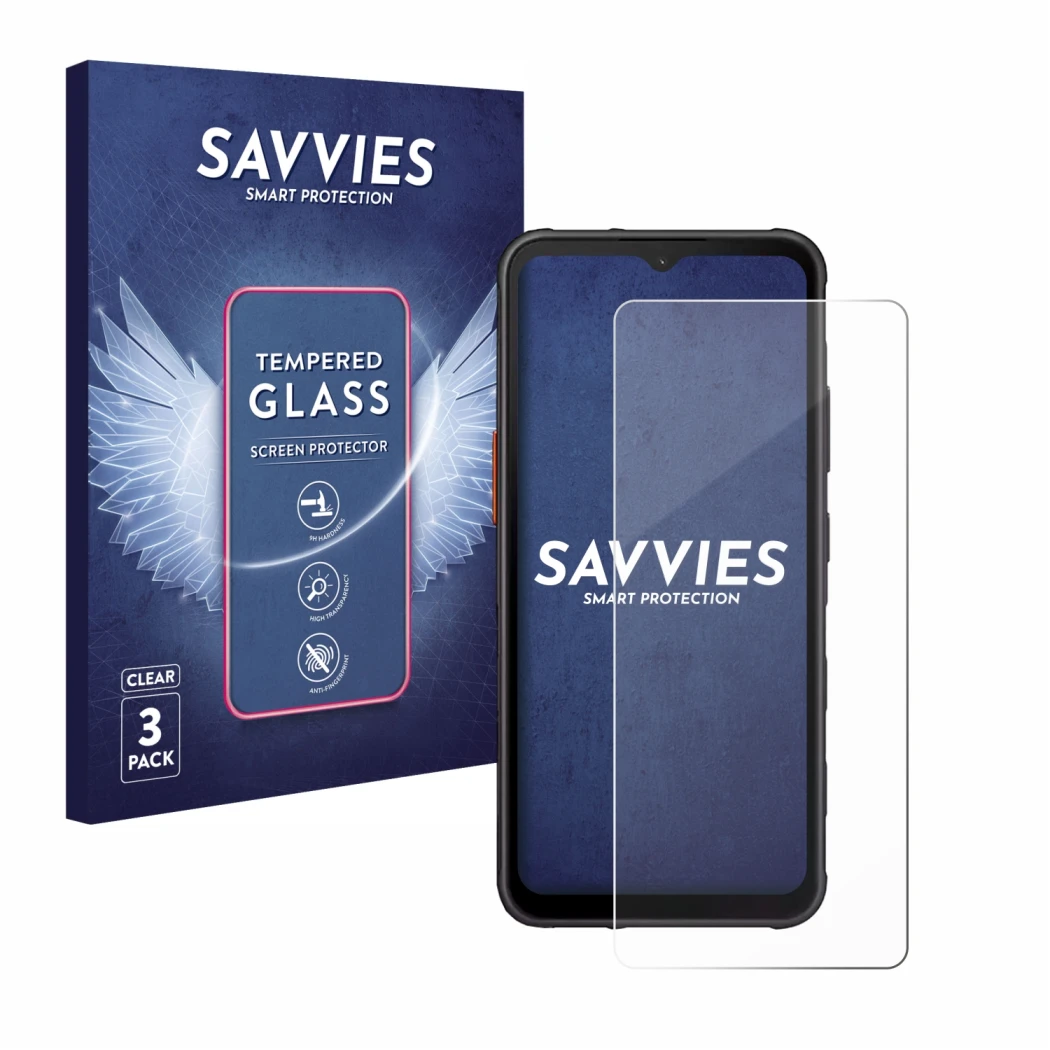 Front side of a product packaging with the brand logo Savvies. Next to it is the device Samsung Galaxy XCover 7 shown with the