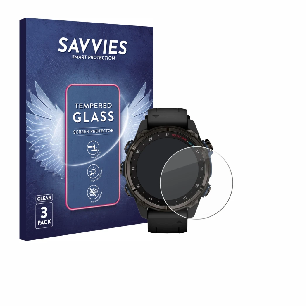 Front side of a product packaging with the brand logo Savvies. Next to it is the device Garmin Descent Mk3i (43 mm) shown with