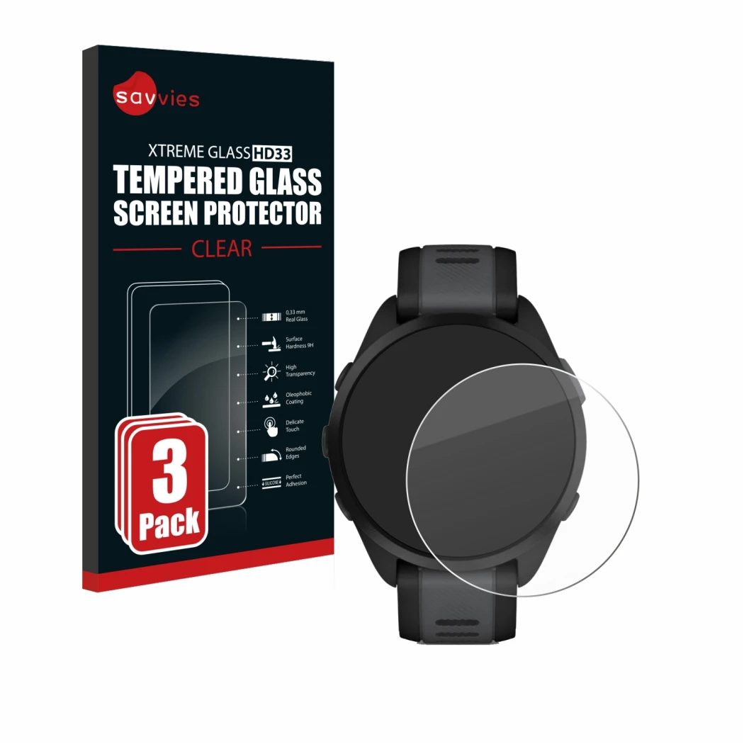 Front side of a product packaging with the brand logo Savvies. Next to it is the device Garmin Forerunner 165 shown with the c